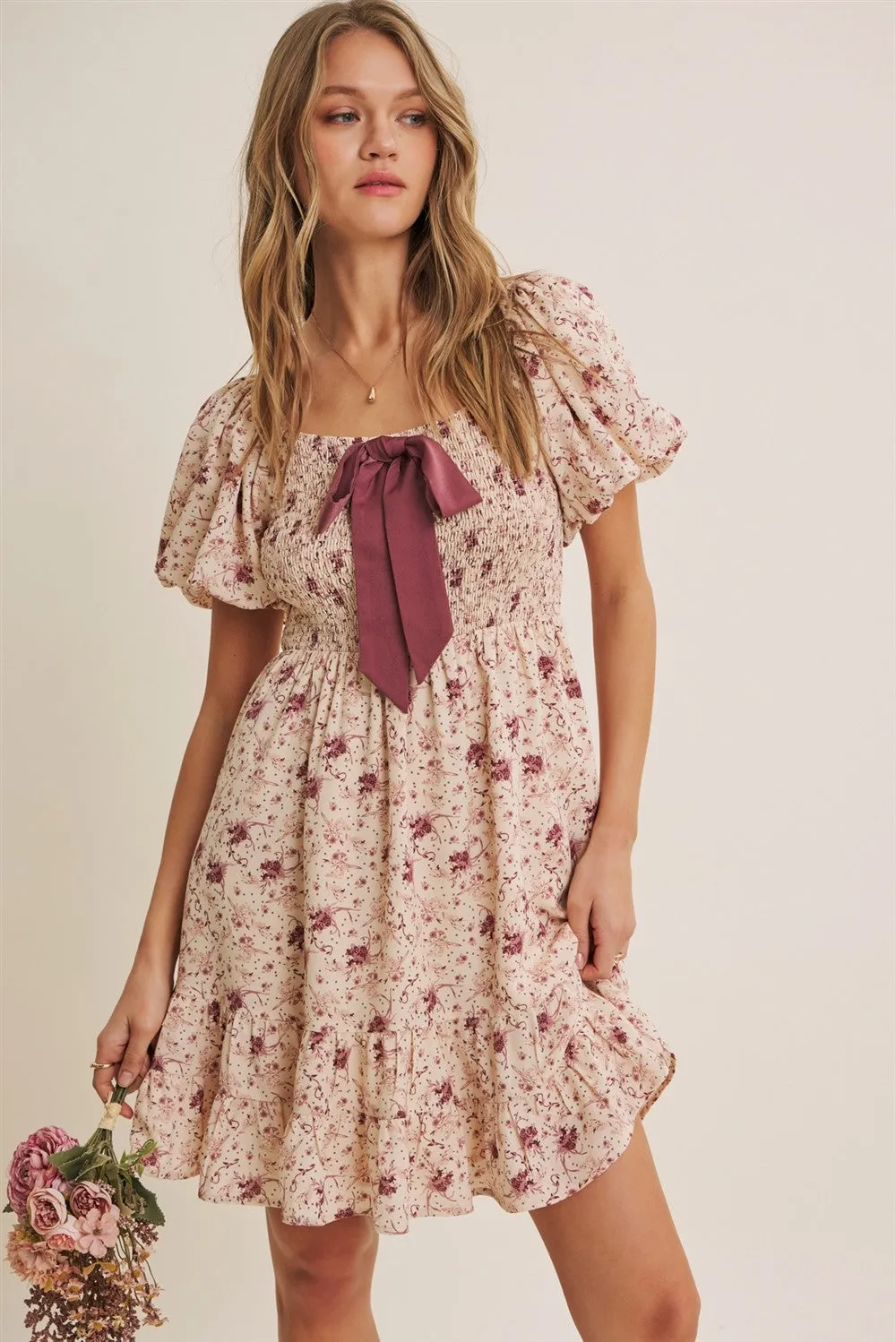 Burgundy Bow Smocked Bubble Sleeve Mini Dress sold by Pinkblush