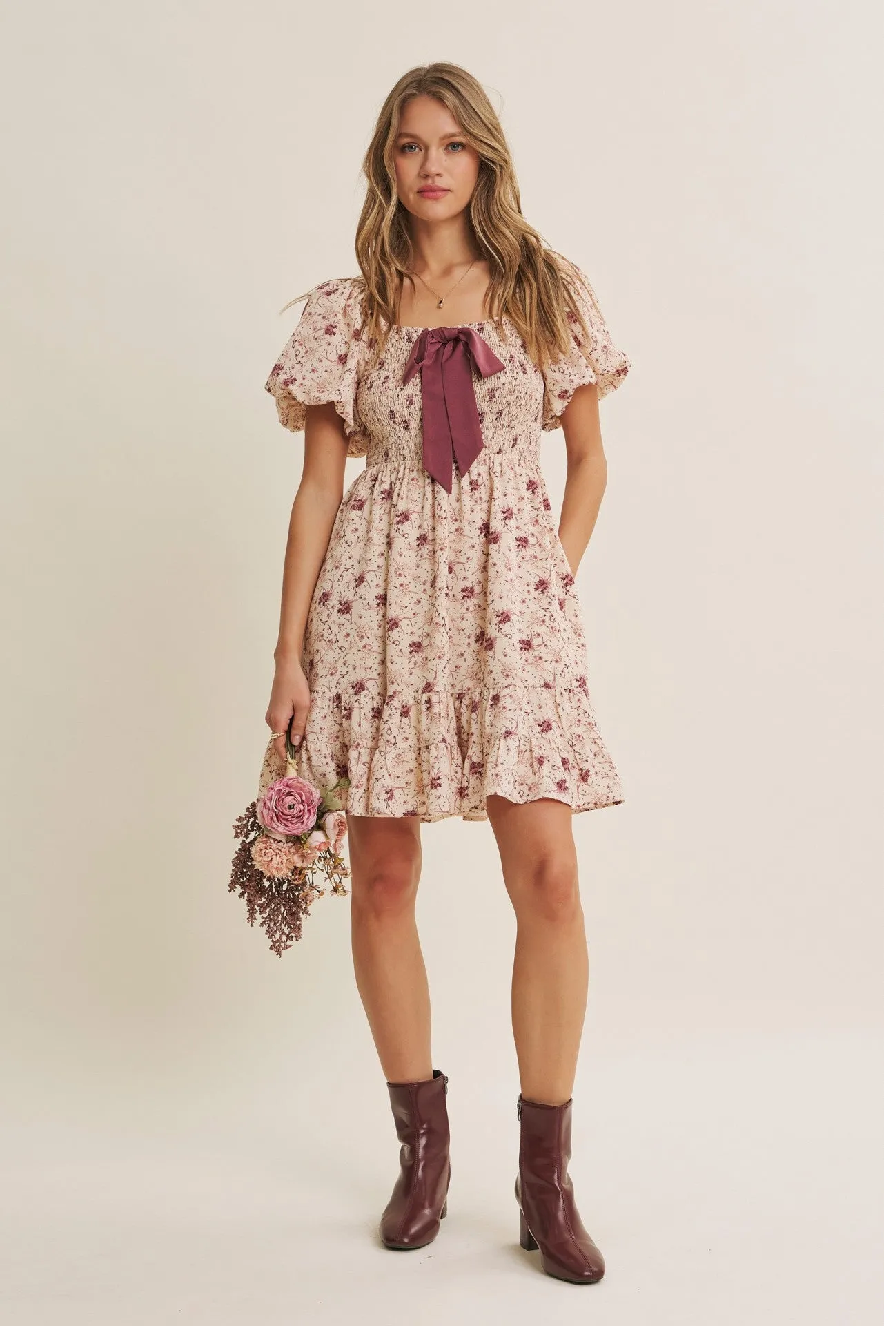 Burgundy Bow Smocked Bubble Sleeve Mini Dress sold by Pinkblush product image thumbnail 2