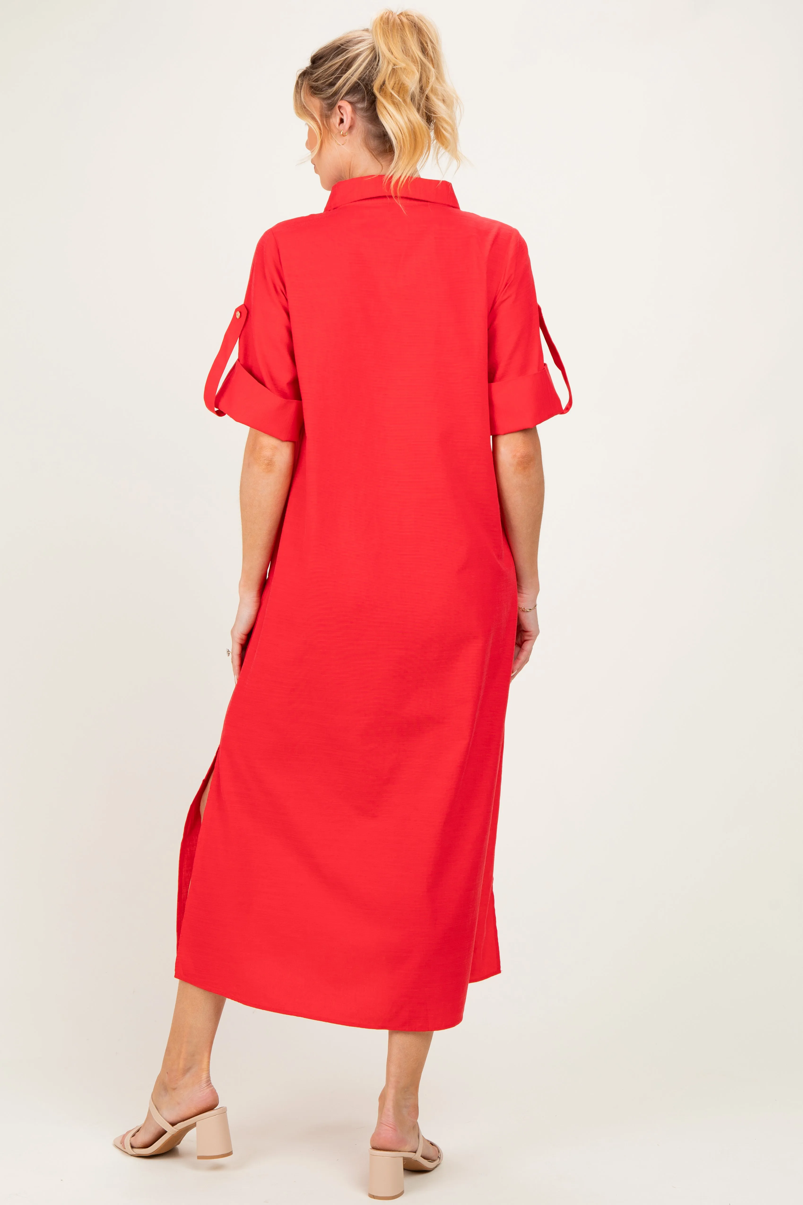 Red Side Slit Button Down Maternity Midi Dress sold by Pinkblush product image thumbnail 3
