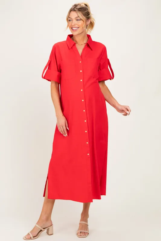 Red Side Slit Button Down Maternity Midi Dress made by JODIFL
