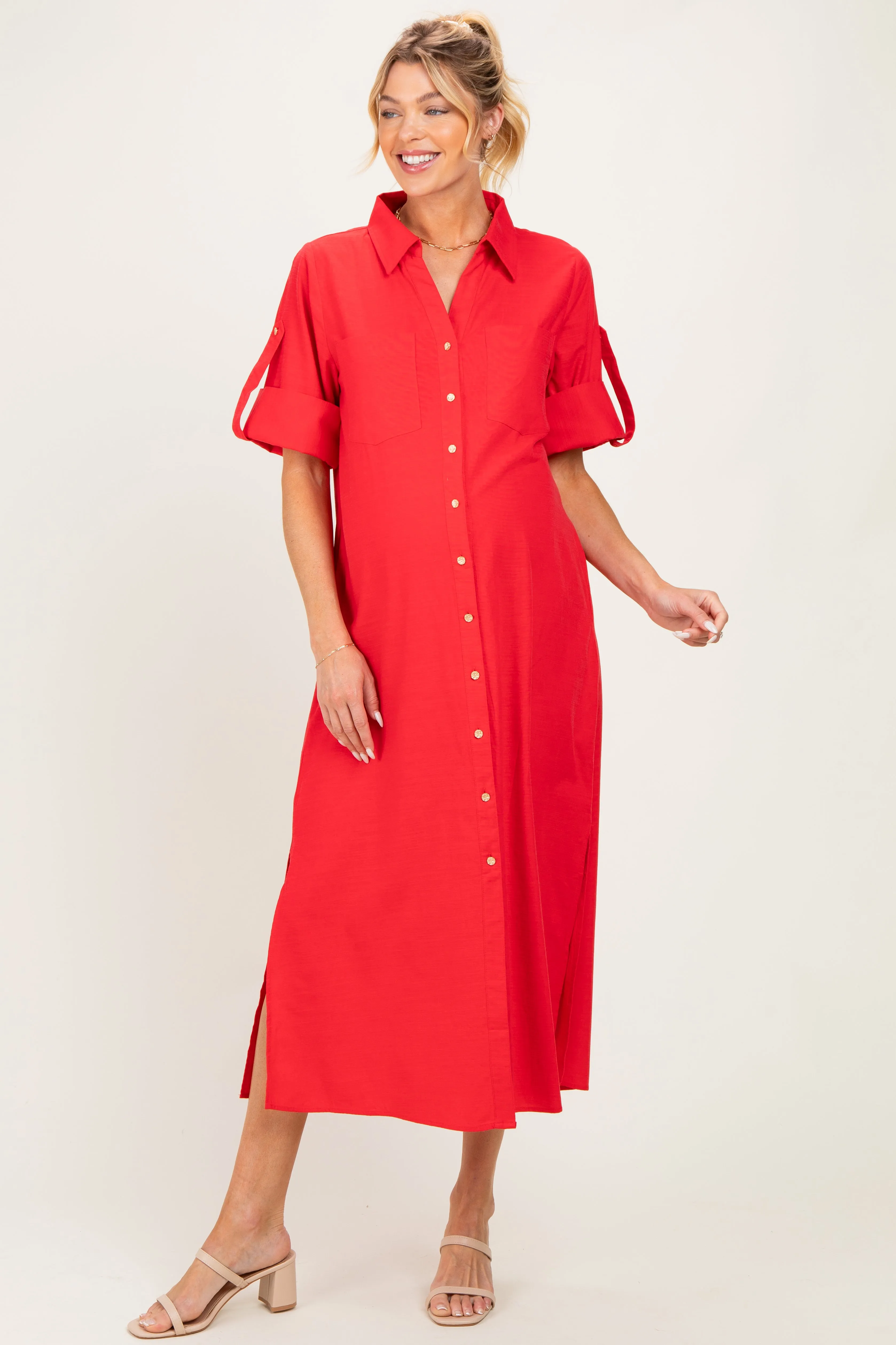 Red Side Slit Button Down Maternity Midi Dress sold by Pinkblush