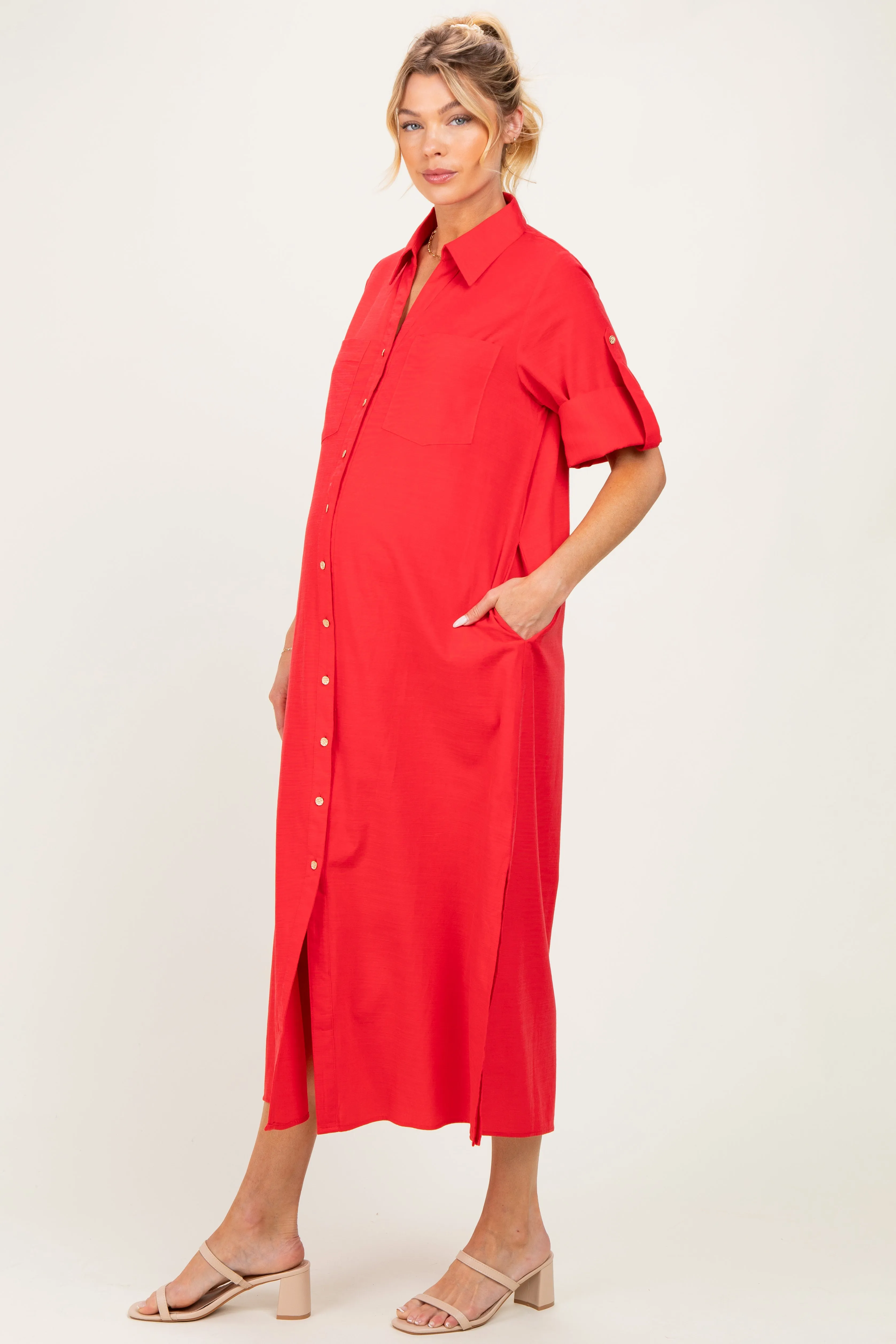 Red Side Slit Button Down Maternity Midi Dress sold by Pinkblush product image thumbnail 2