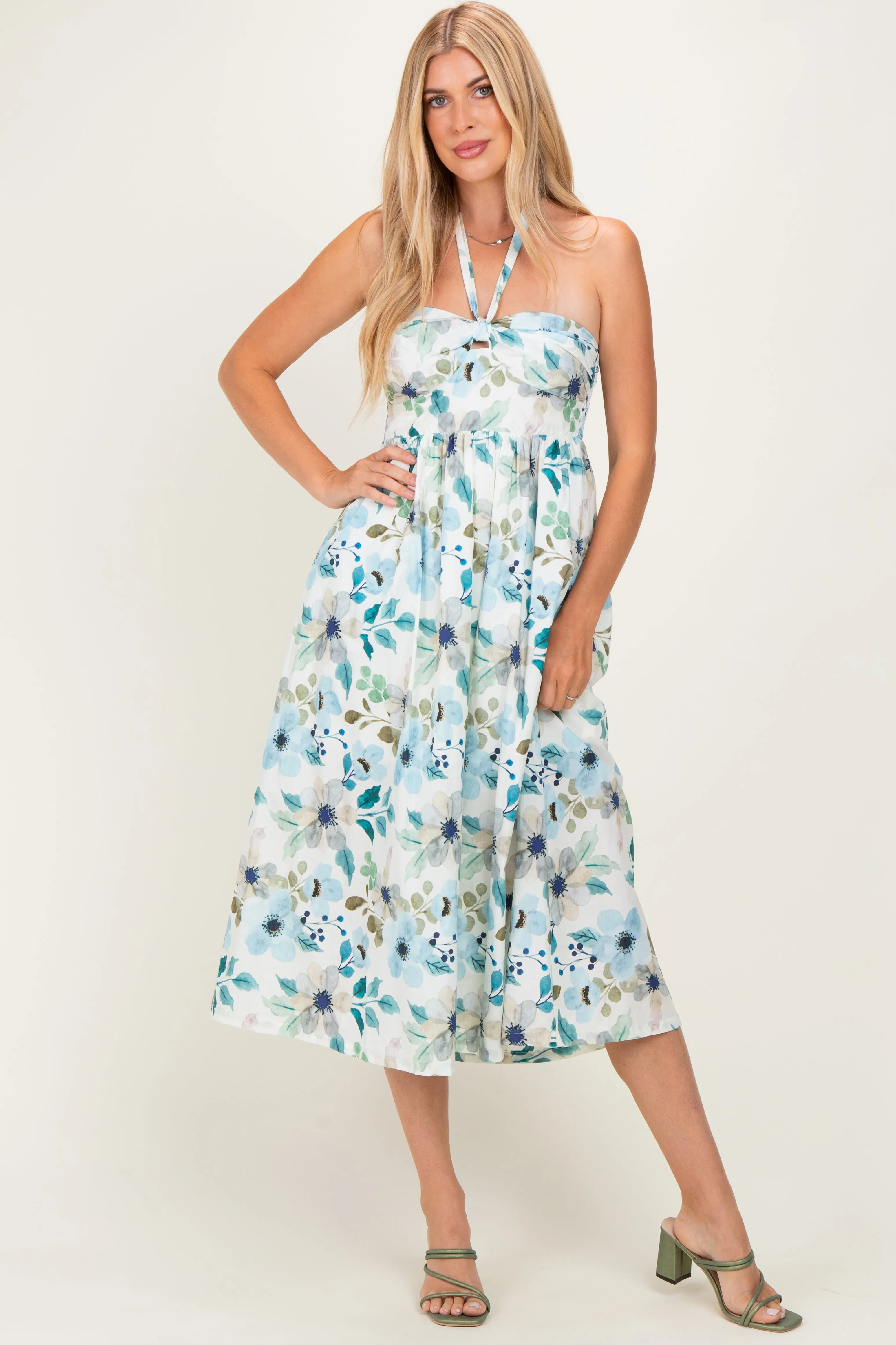 Off White Floral Halter Midi Dress sold by Pinkblush