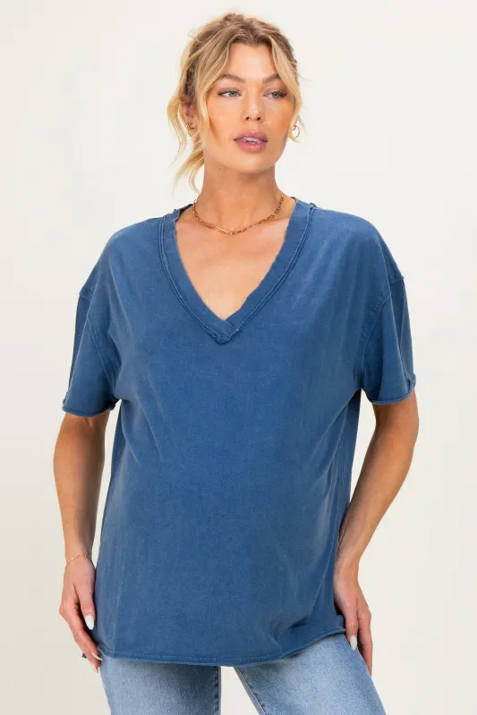Navy Washed V-Neck Oversized Maternity Tee made by HYFVE
