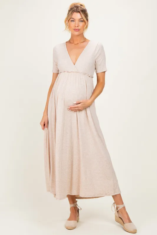 Oatmeal Short Sleeve V-Neck Maternity Maxi Dress made by Pinkblush