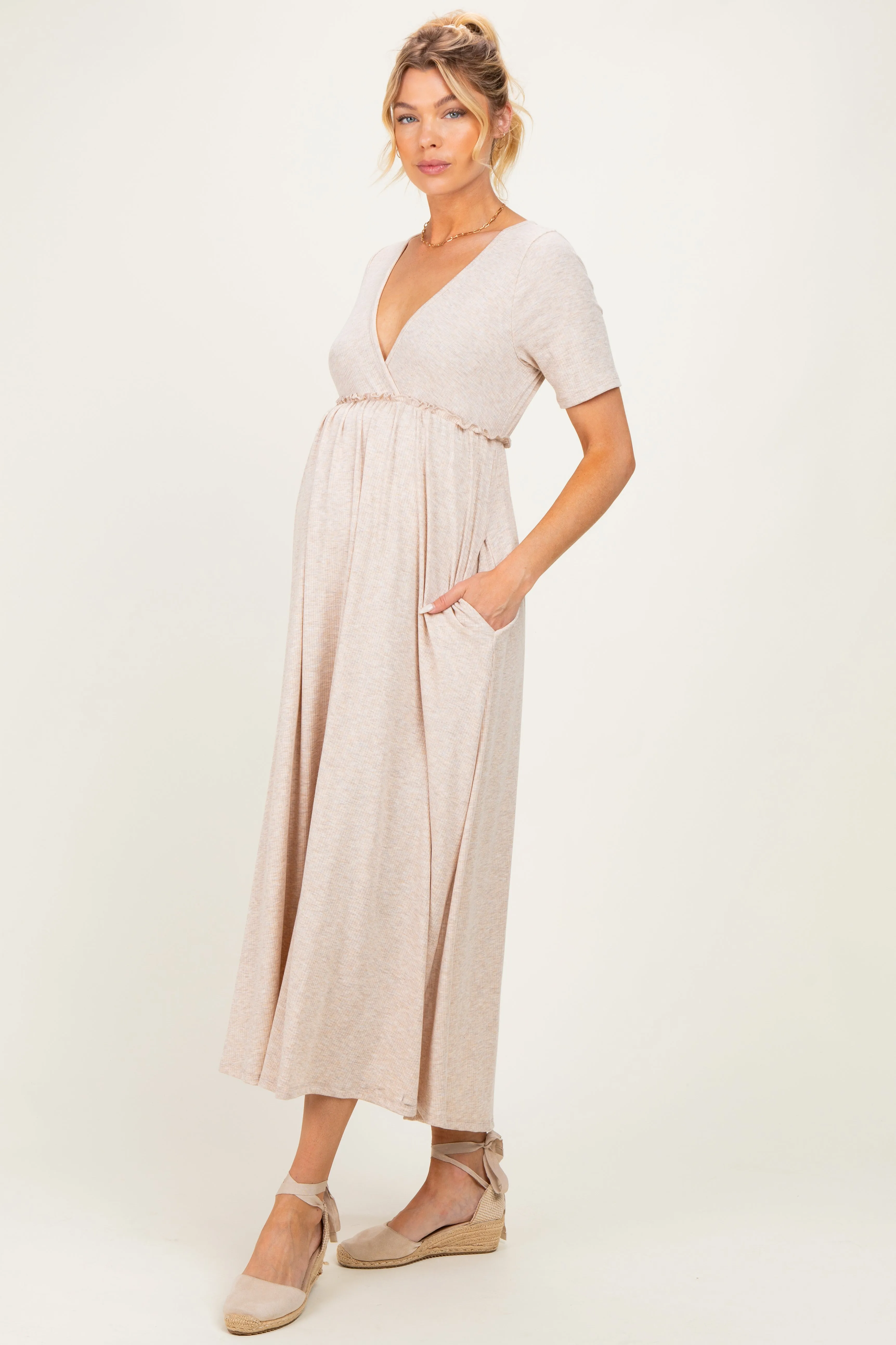 Oatmeal Short Sleeve V-Neck Maternity Maxi Dress sold by Pinkblush product image thumbnail 2