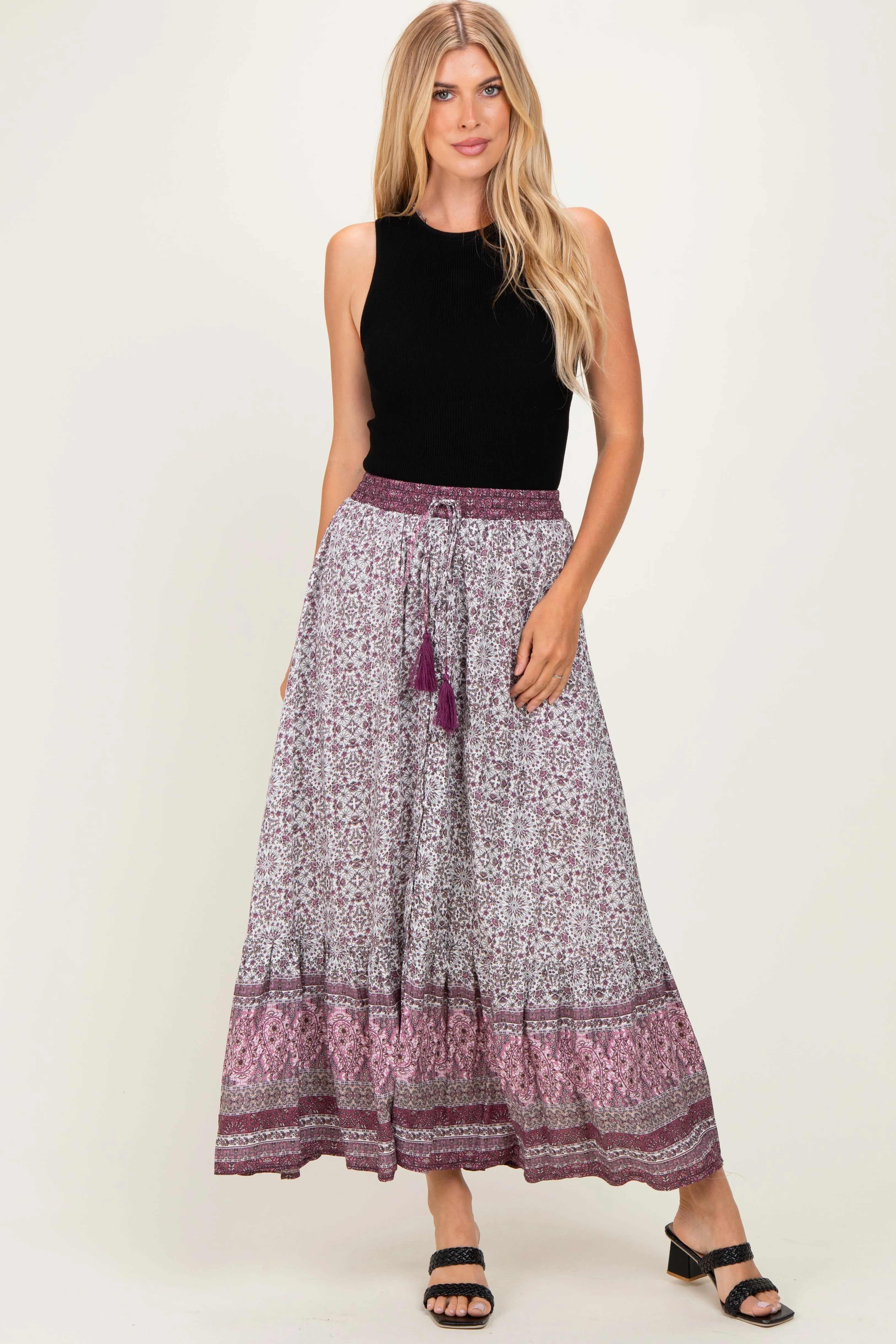 Rose Boho Print Drawstring Smocked Waist Maxi Skirt sold by Pinkblush