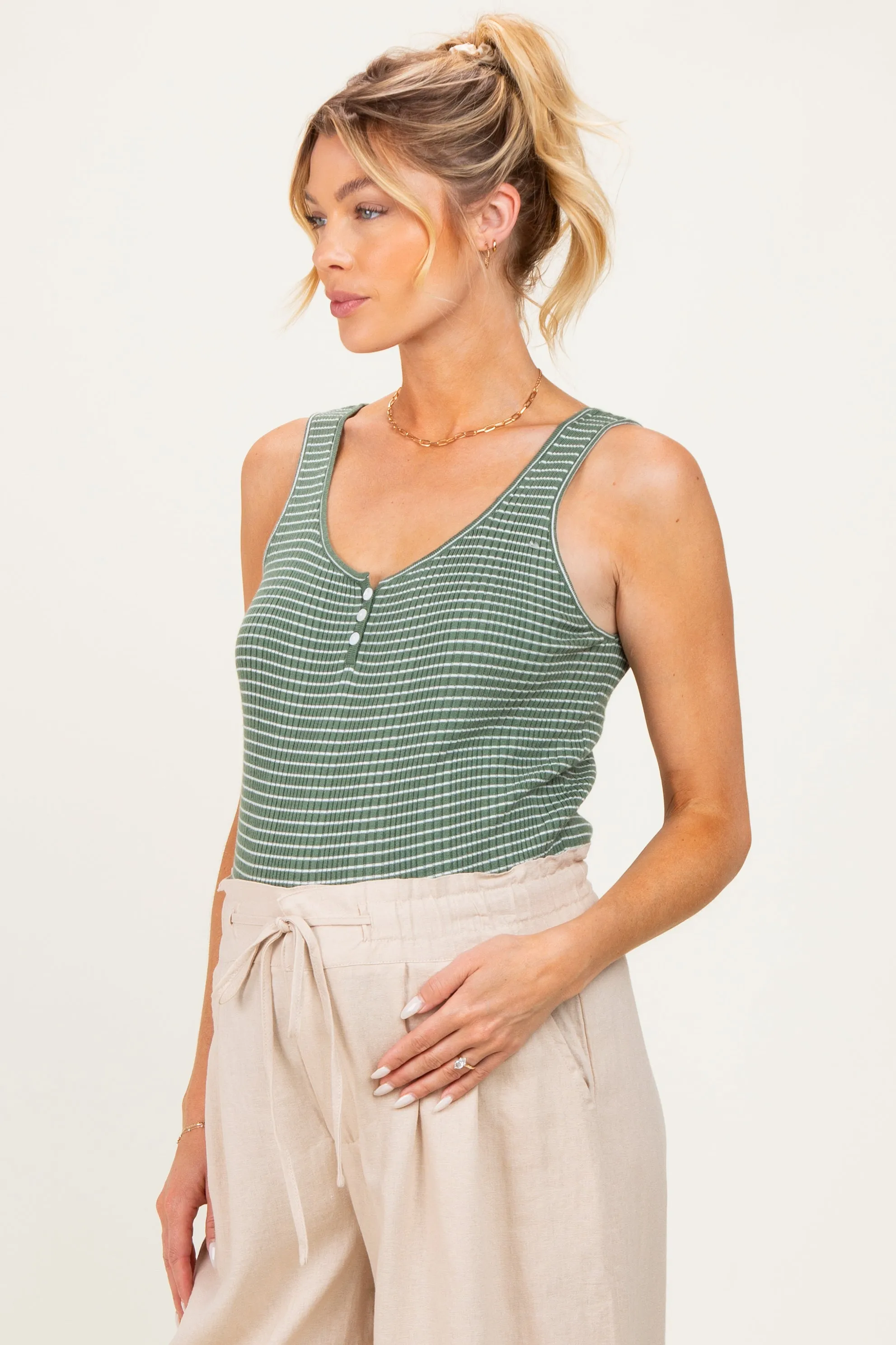 Olive Striped Knit Button Maternity Tank sold by Pinkblush product image thumbnail 4