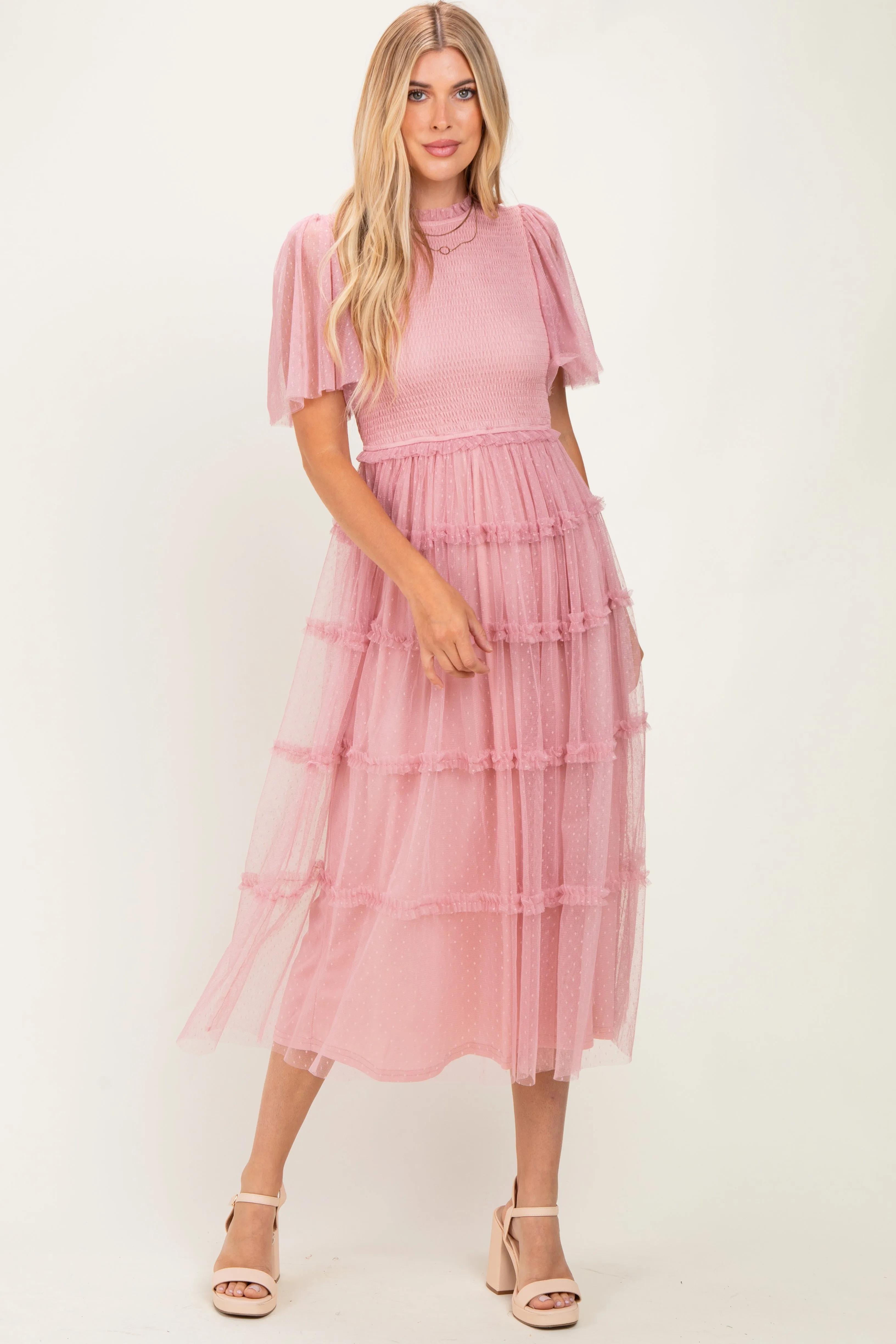 Pink Smocked Top Mesh Midi Dress sold by Pinkblush