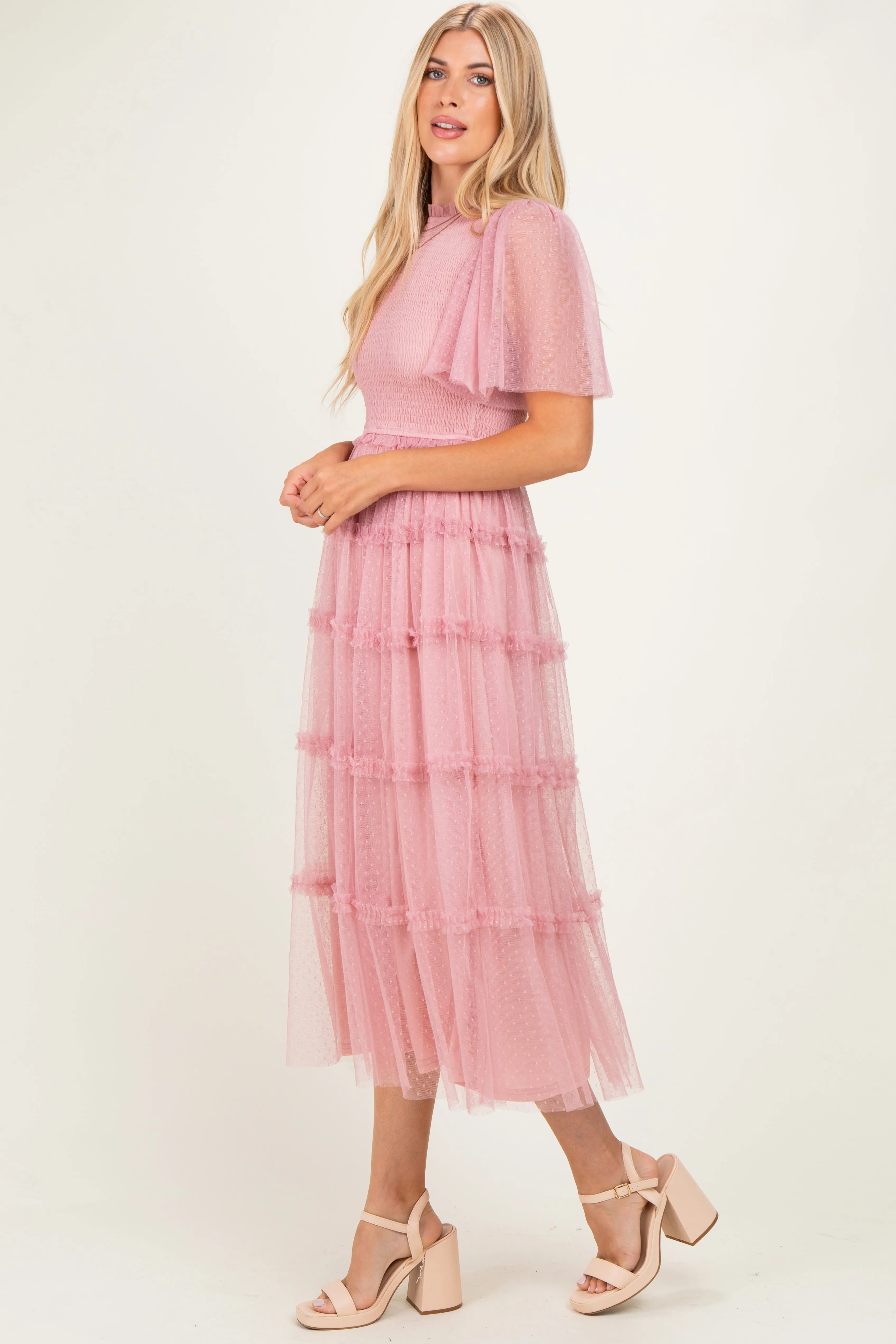 Pink Smocked Top Mesh Midi Dress sold by Pinkblush product image thumbnail 2