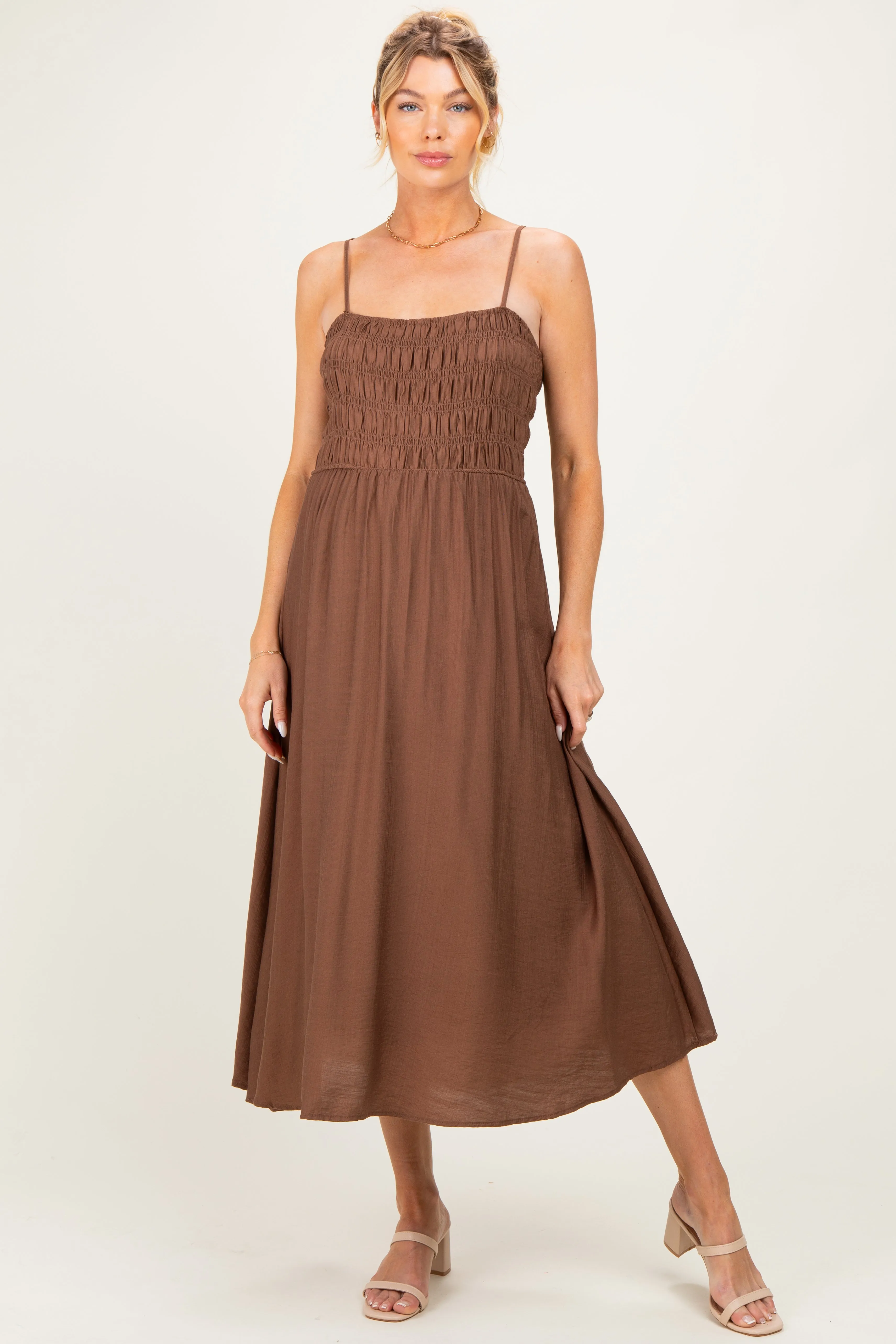Brown Smocked Thin Strap Maternity Midi Dress sold by Pinkblush