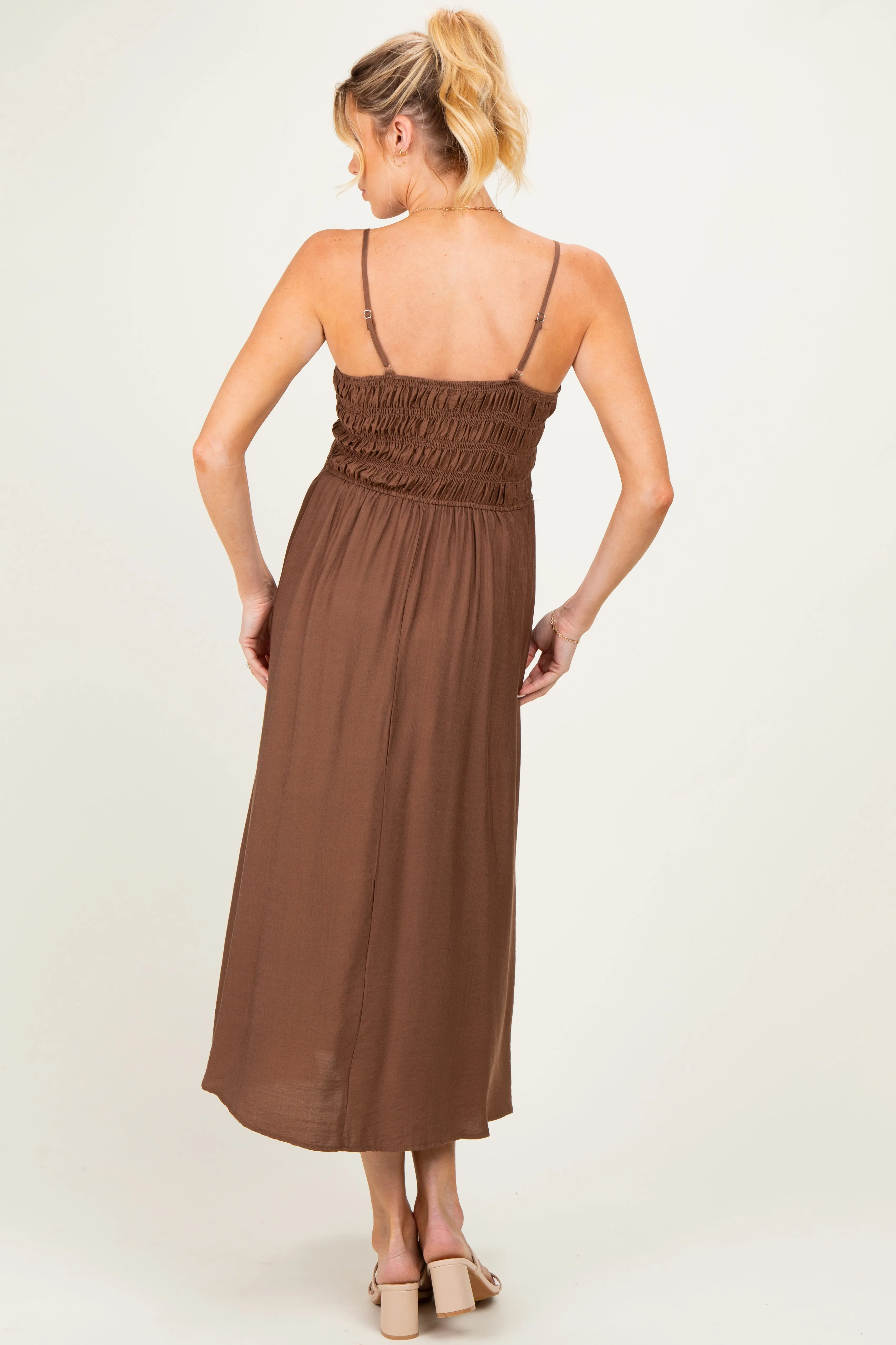 Brown Smocked Thin Strap Maternity Midi Dress sold by Pinkblush product image thumbnail 2