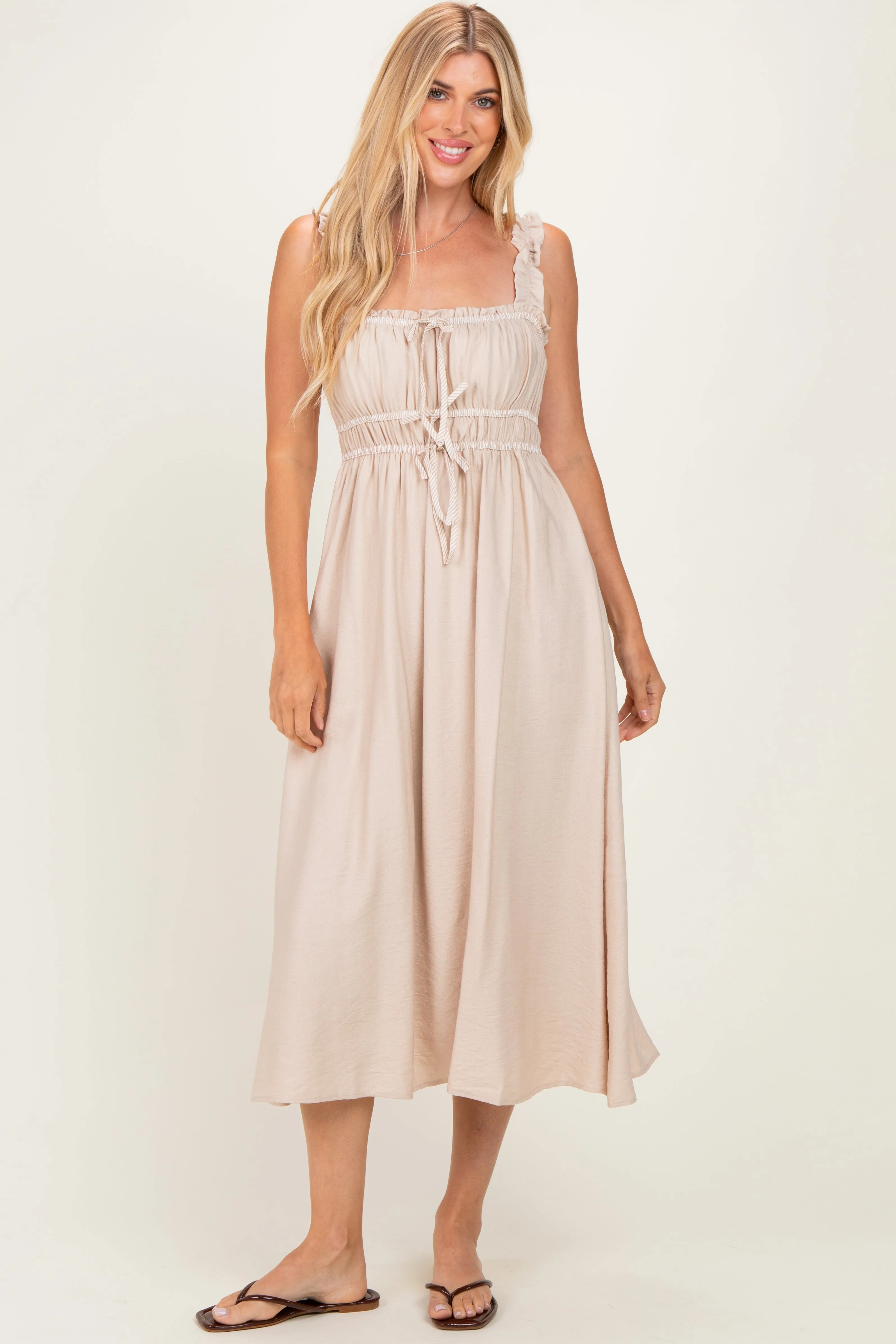 Khaki Front Tie Sleeveless Midi Dress sold by Pinkblush