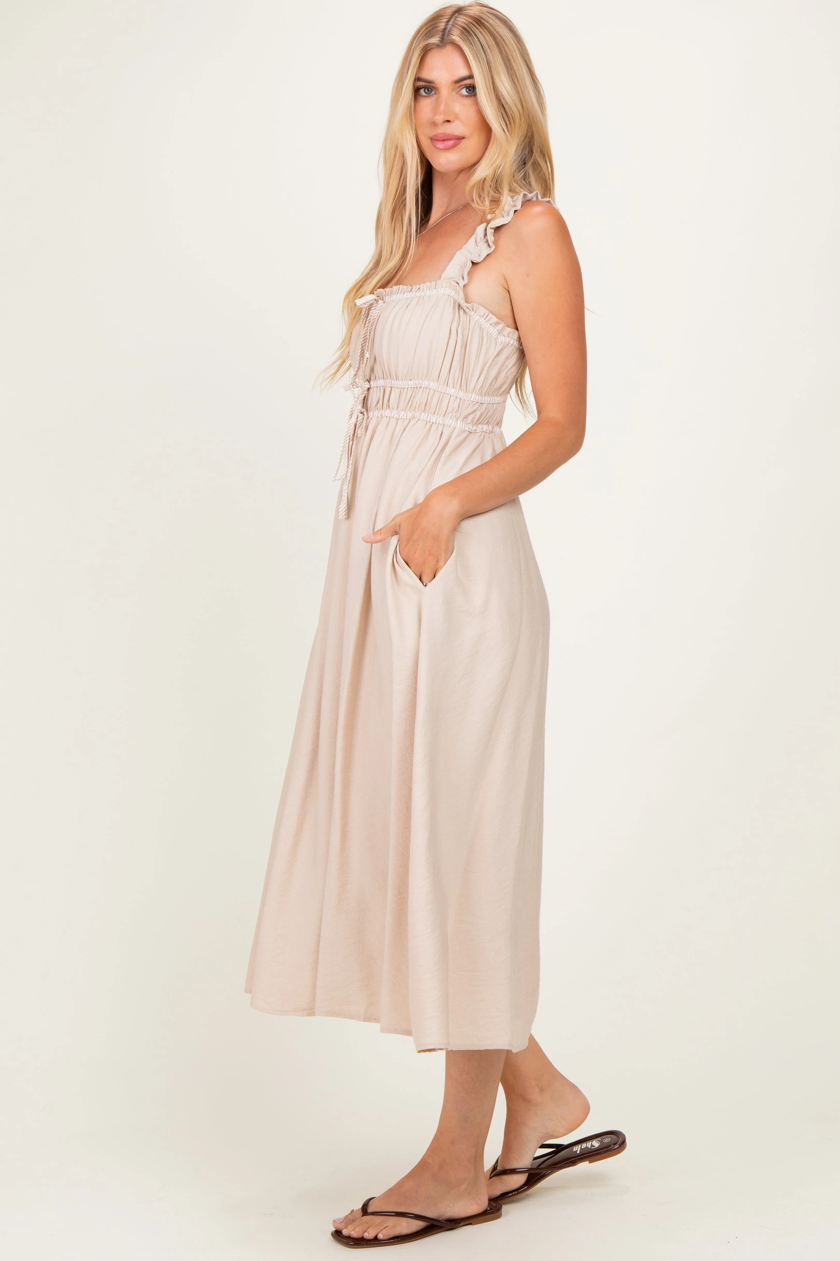 Khaki Front Tie Sleeveless Midi Dress sold by Pinkblush product image thumbnail 2
