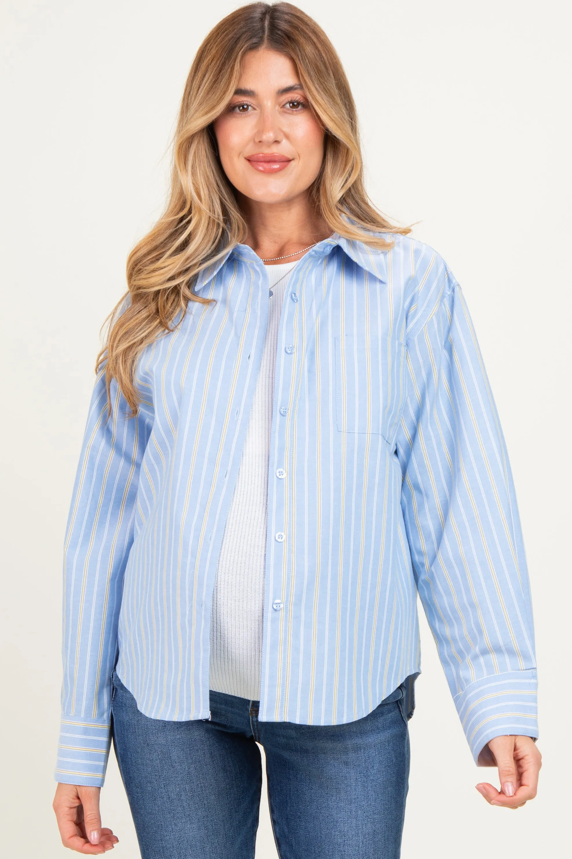 Blue Striped Long Sleeve Button Down Maternity Shirt sold by Pinkblush