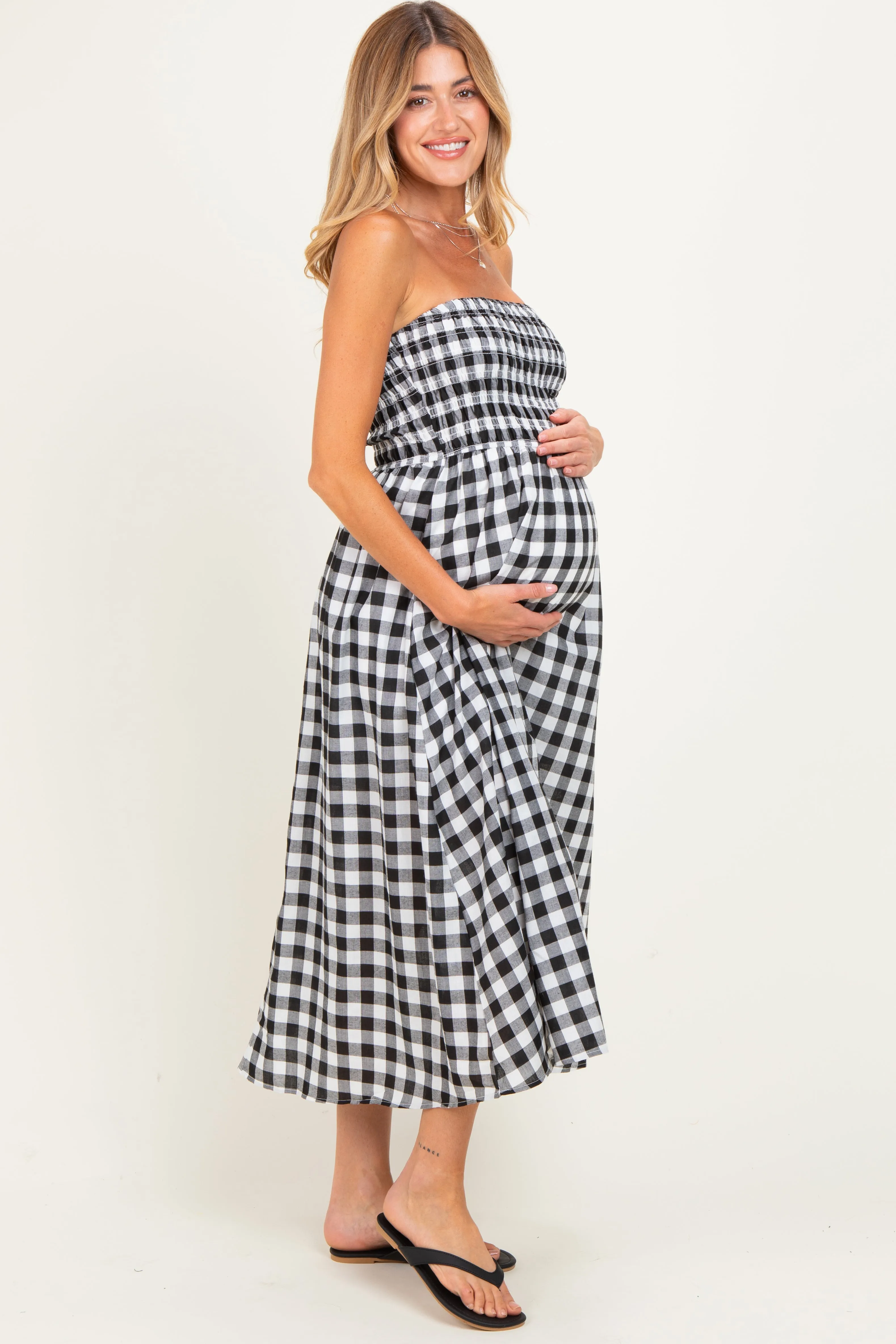 Black White Plaid Strapless Smocked Maternity Midi Dress sold by Pinkblush product image thumbnail 2