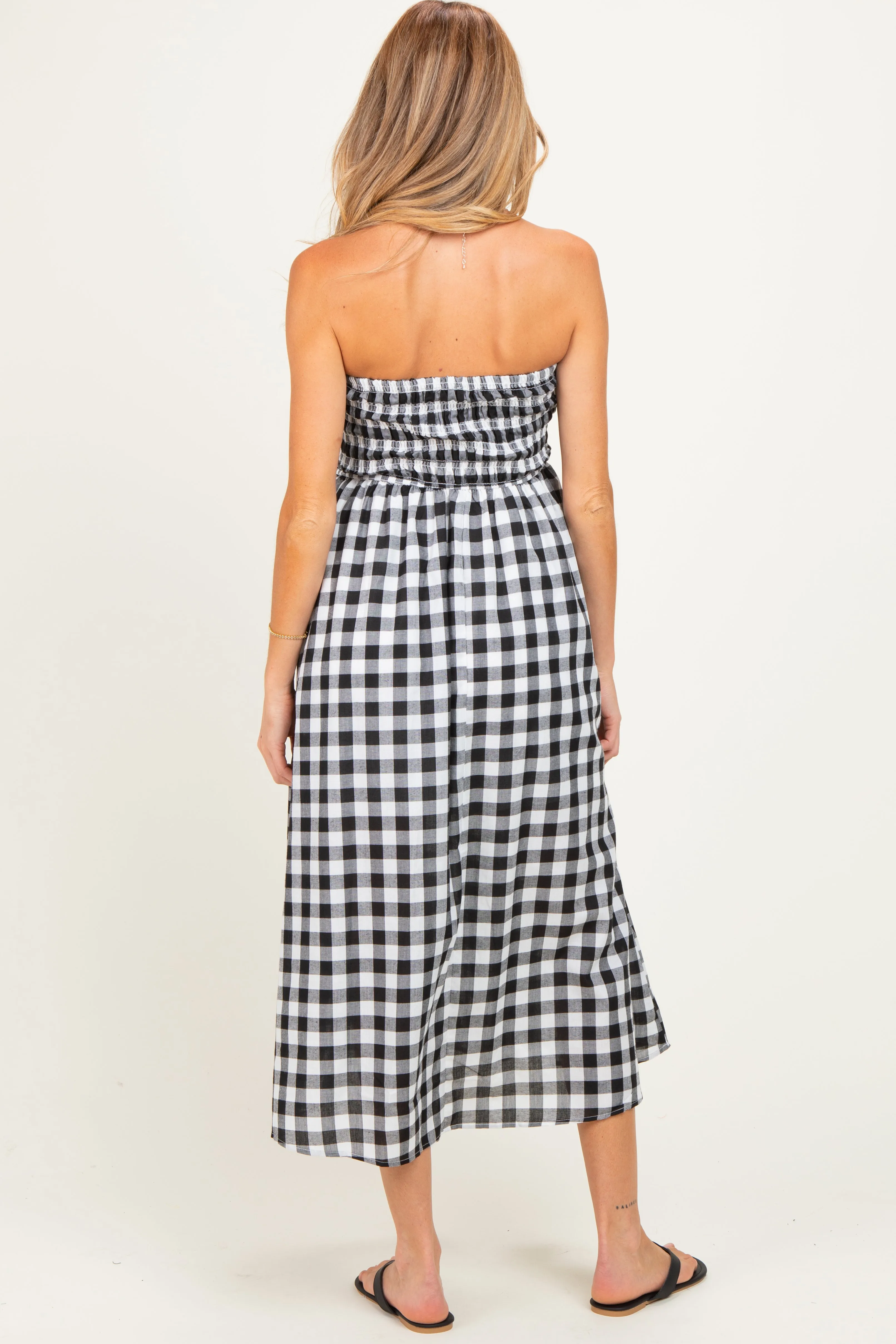 Black White Plaid Strapless Smocked Maternity Midi Dress sold by Pinkblush product image thumbnail 3