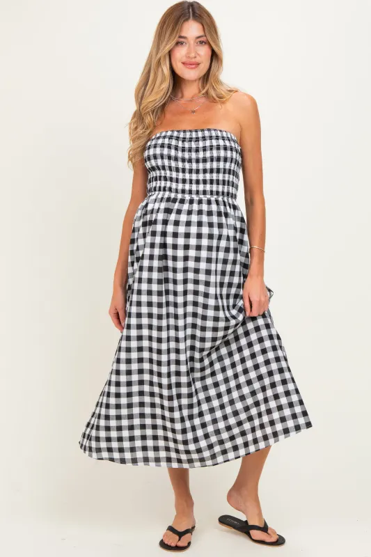 Black White Plaid Strapless Smocked Maternity Midi Dress made by Blu Pepper
