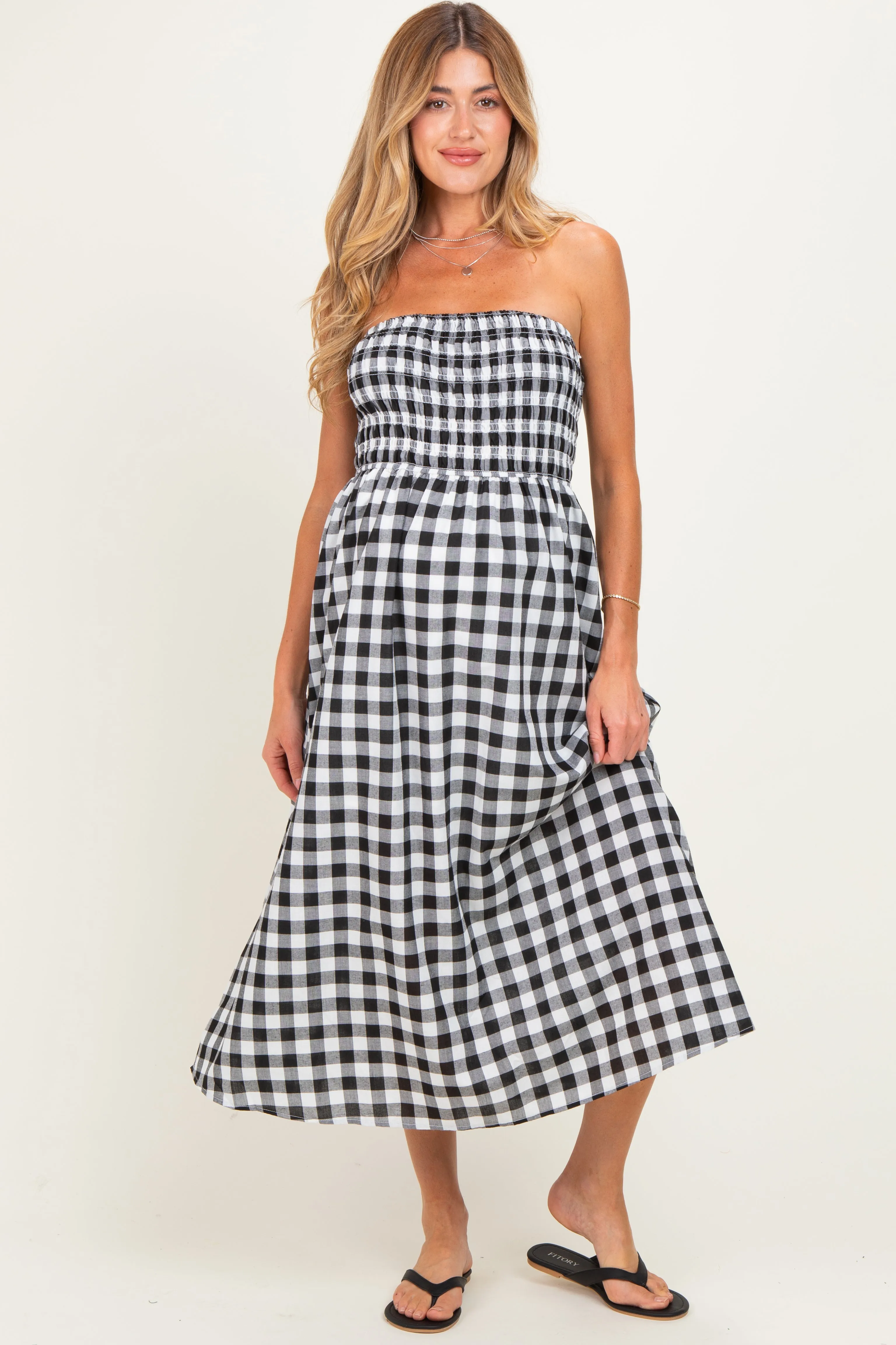 Black White Plaid Strapless Smocked Maternity Midi Dress sold by Pinkblush
