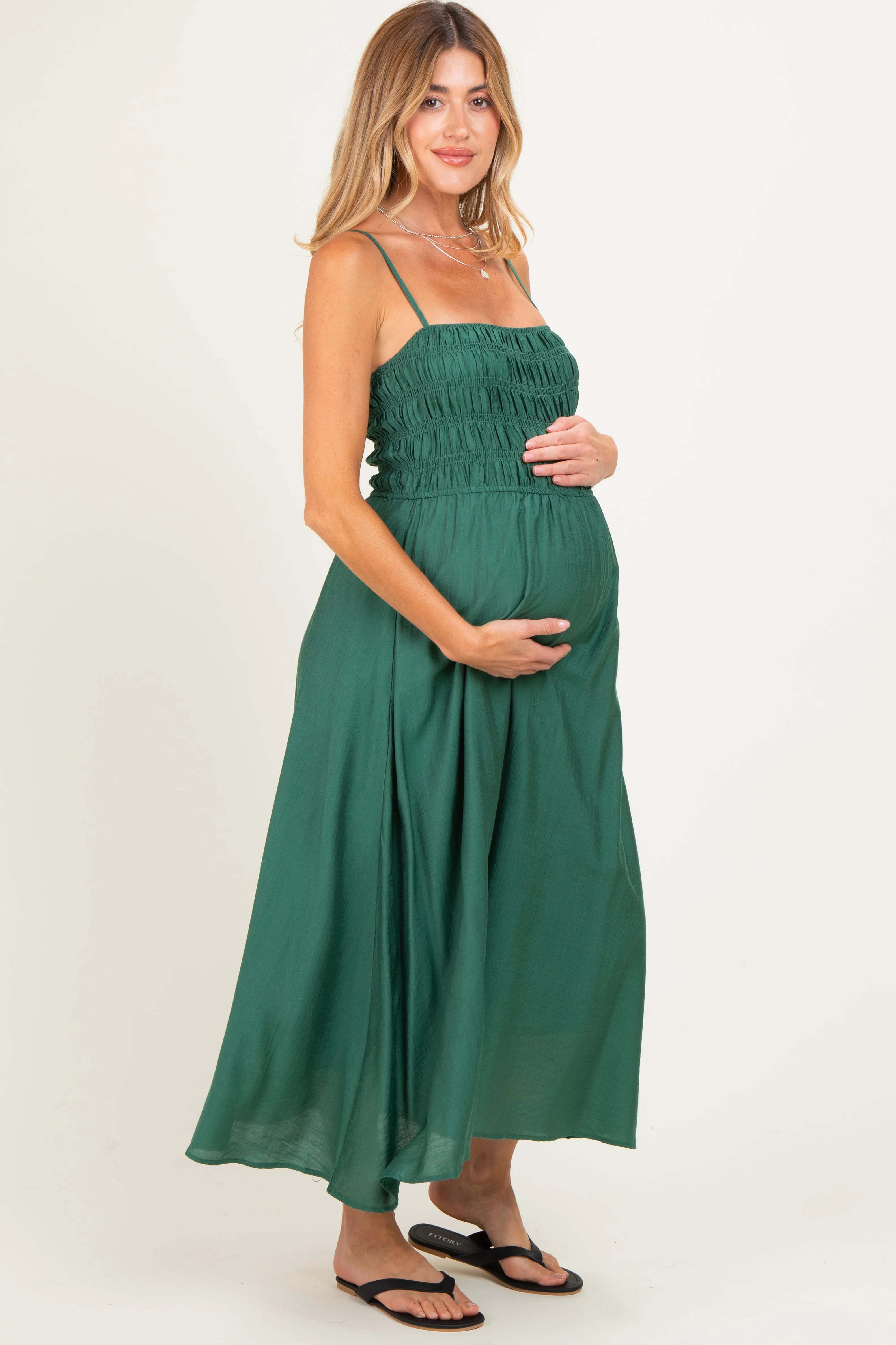 Kelly Green Smocked Thin Strap Maternity Midi Dress sold by Pinkblush product image thumbnail 2