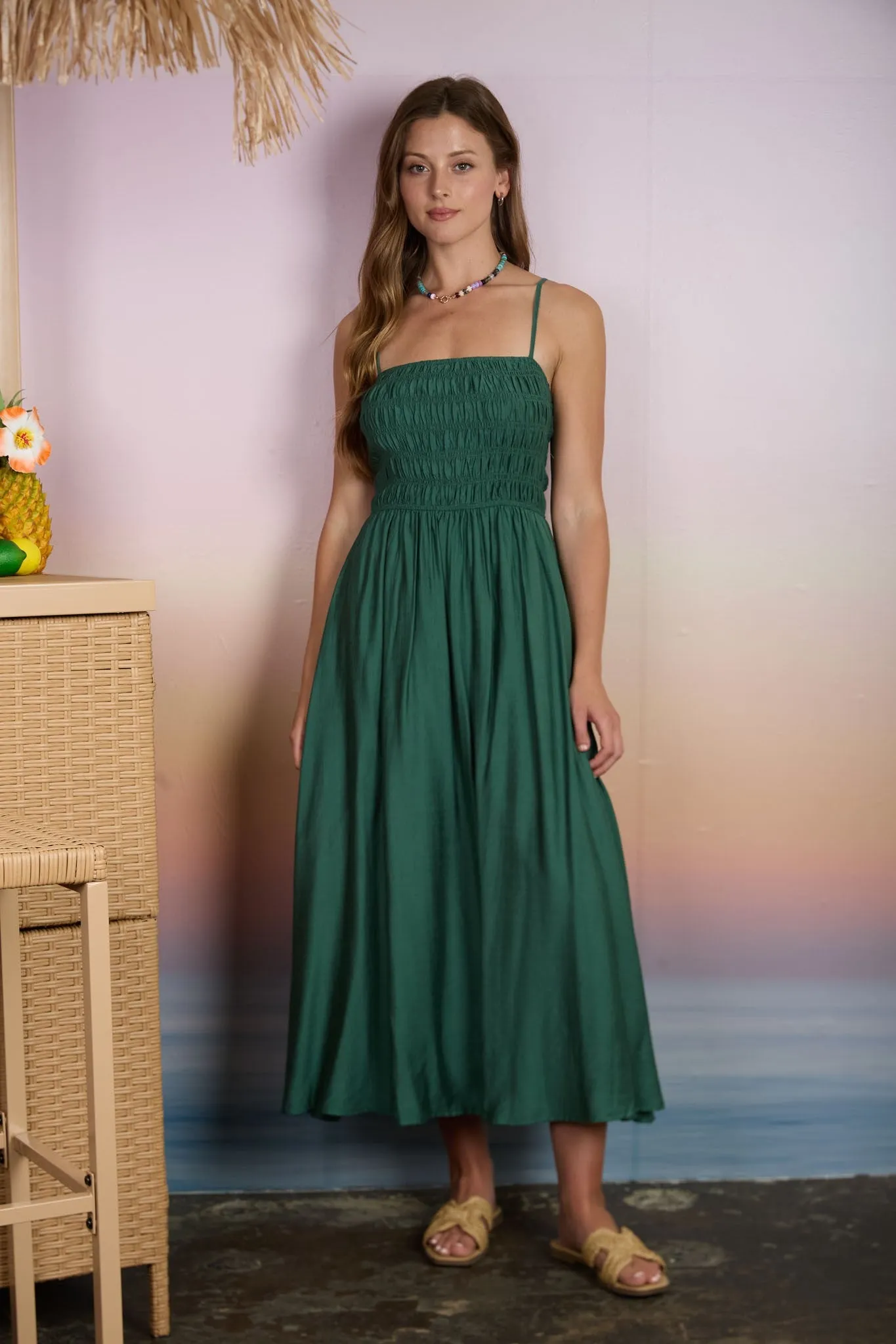Kelly Green Smocked Thin Strap Maternity Midi Dress sold by Pinkblush product image thumbnail 4