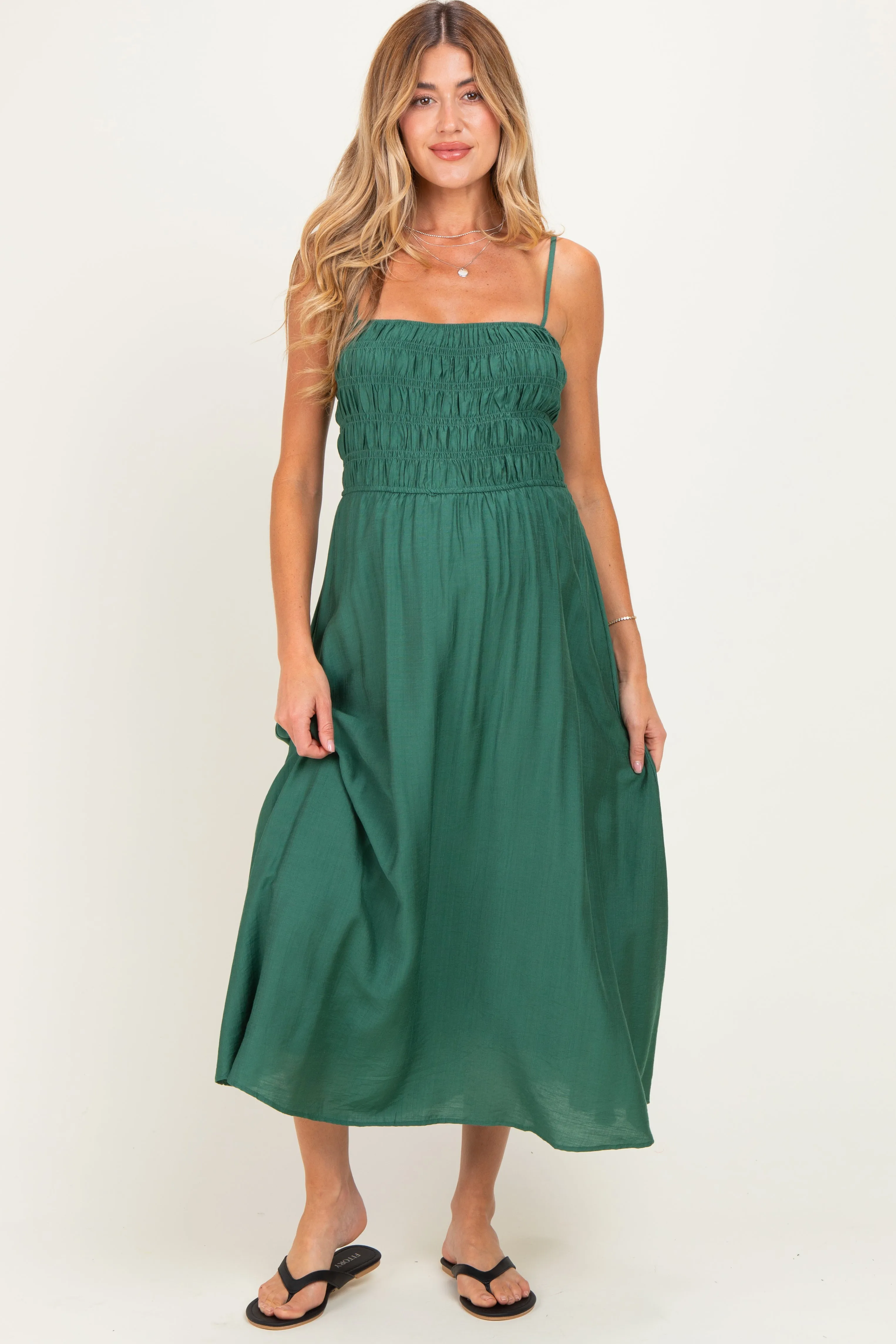 Kelly Green Smocked Thin Strap Maternity Midi Dress sold by Pinkblush