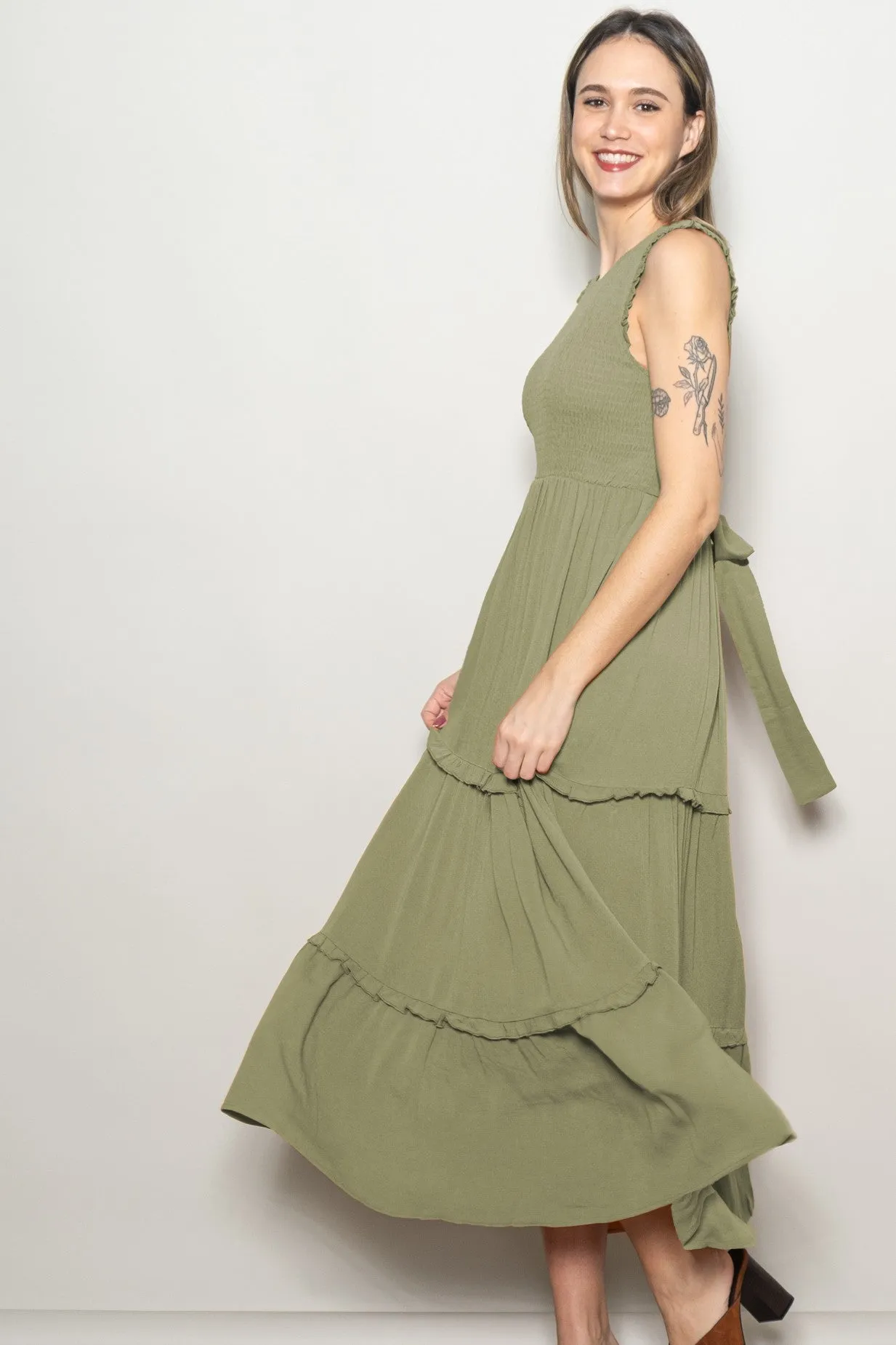 Olive Smocked Sleeveless Tiered Maxi Dress sold by Pinkblush product image thumbnail 2