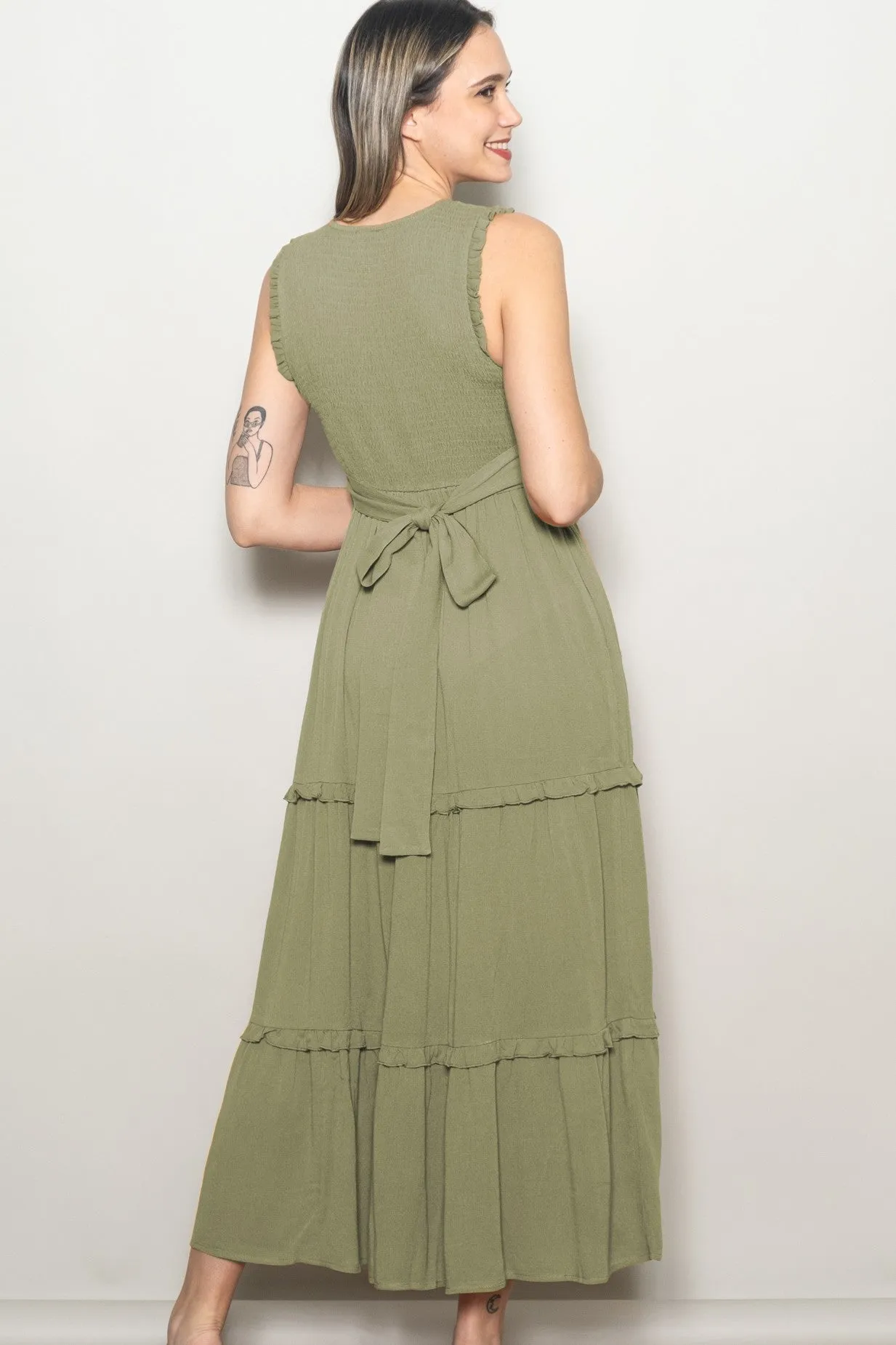 Olive Smocked Sleeveless Tiered Maxi Dress sold by Pinkblush product image thumbnail 3