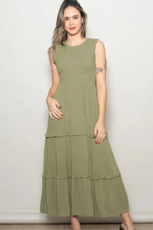 Olive Smocked Sleeveless Tiered Maxi Dress made by Pinkblush