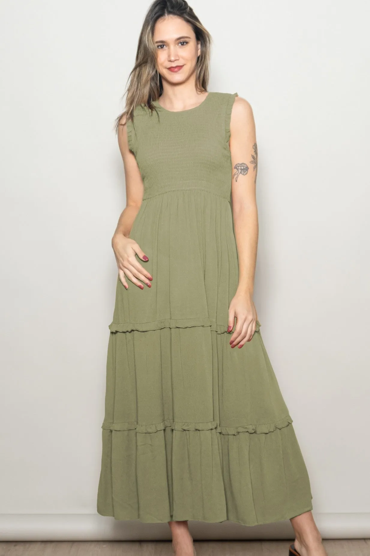 Olive Smocked Sleeveless Tiered Maxi Dress sold by Pinkblush