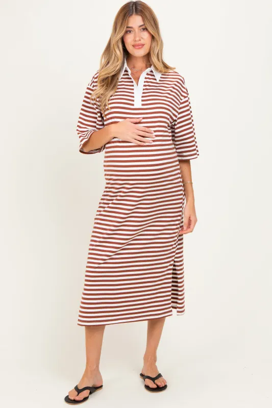 Brown Striped Oversized Maternity Polo Dress made by Pinkblush