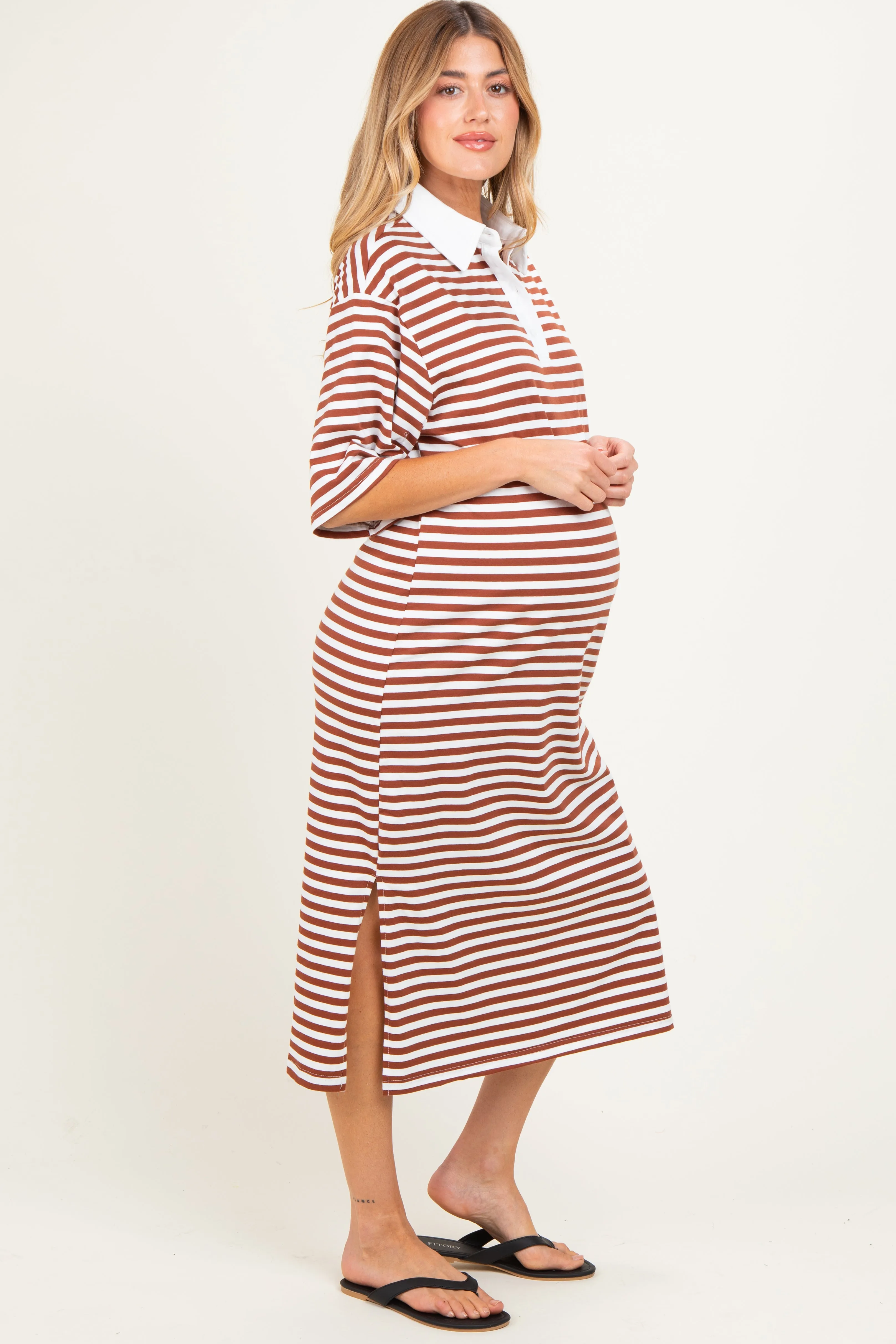 Brown Striped Oversized Maternity Polo Dress sold by Pinkblush product image thumbnail 2