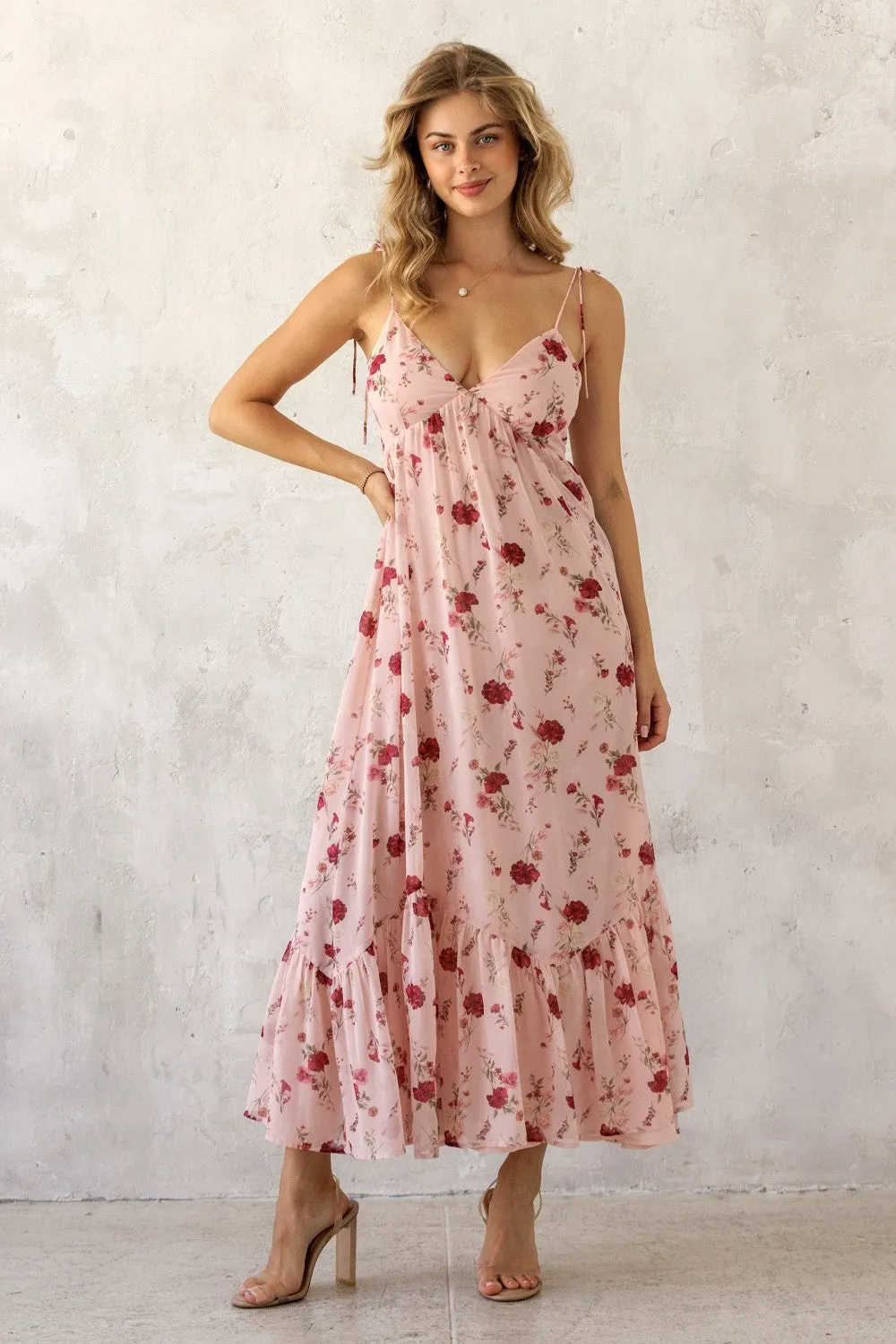 Pink Floral Shoulder Tie Ruffle Hem Maxi Dress sold by Pinkblush product image thumbnail 2