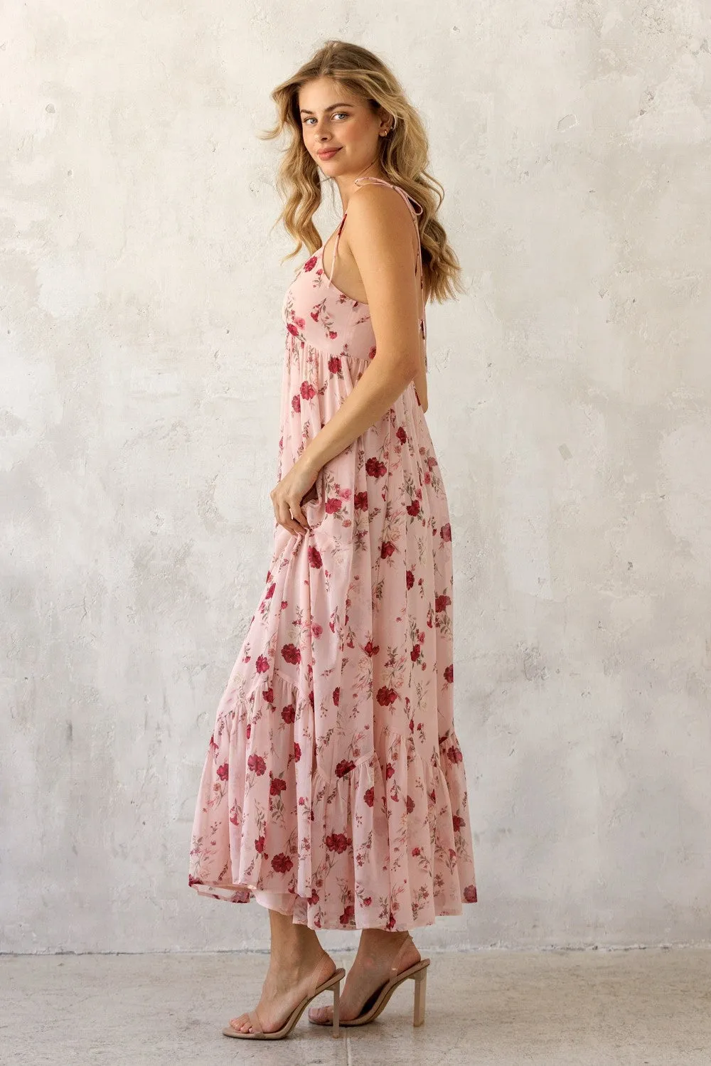 Pink Floral Shoulder Tie Ruffle Hem Maxi Dress sold by Pinkblush product image thumbnail 3