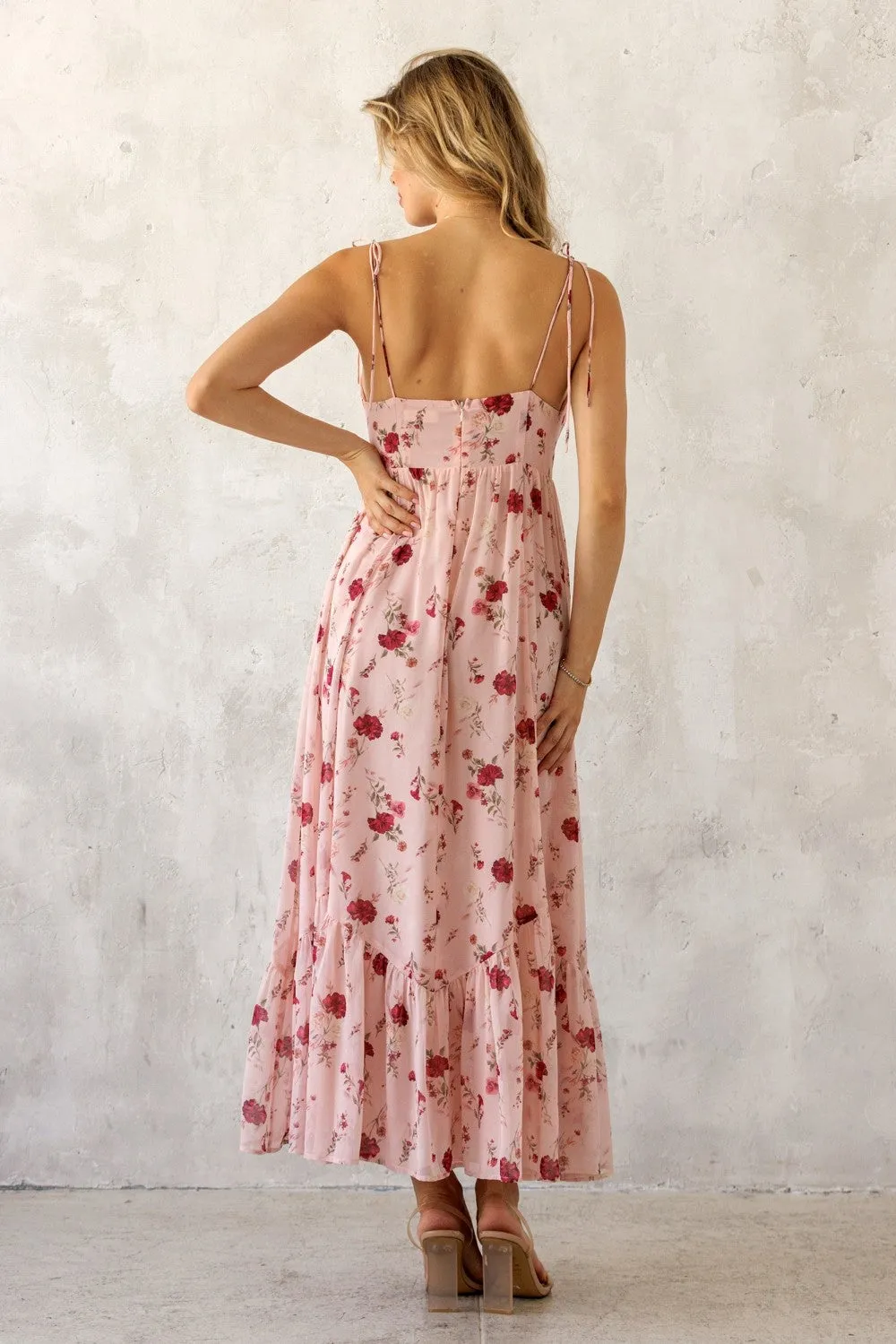 Pink Floral Shoulder Tie Ruffle Hem Maxi Dress sold by Pinkblush product image thumbnail 4