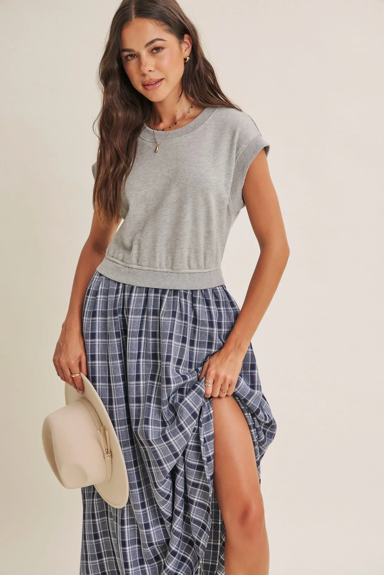 Heather Grey/ Navy Plaid Cap Sleeve Midi Dress sold by Pinkblush product image thumbnail 4