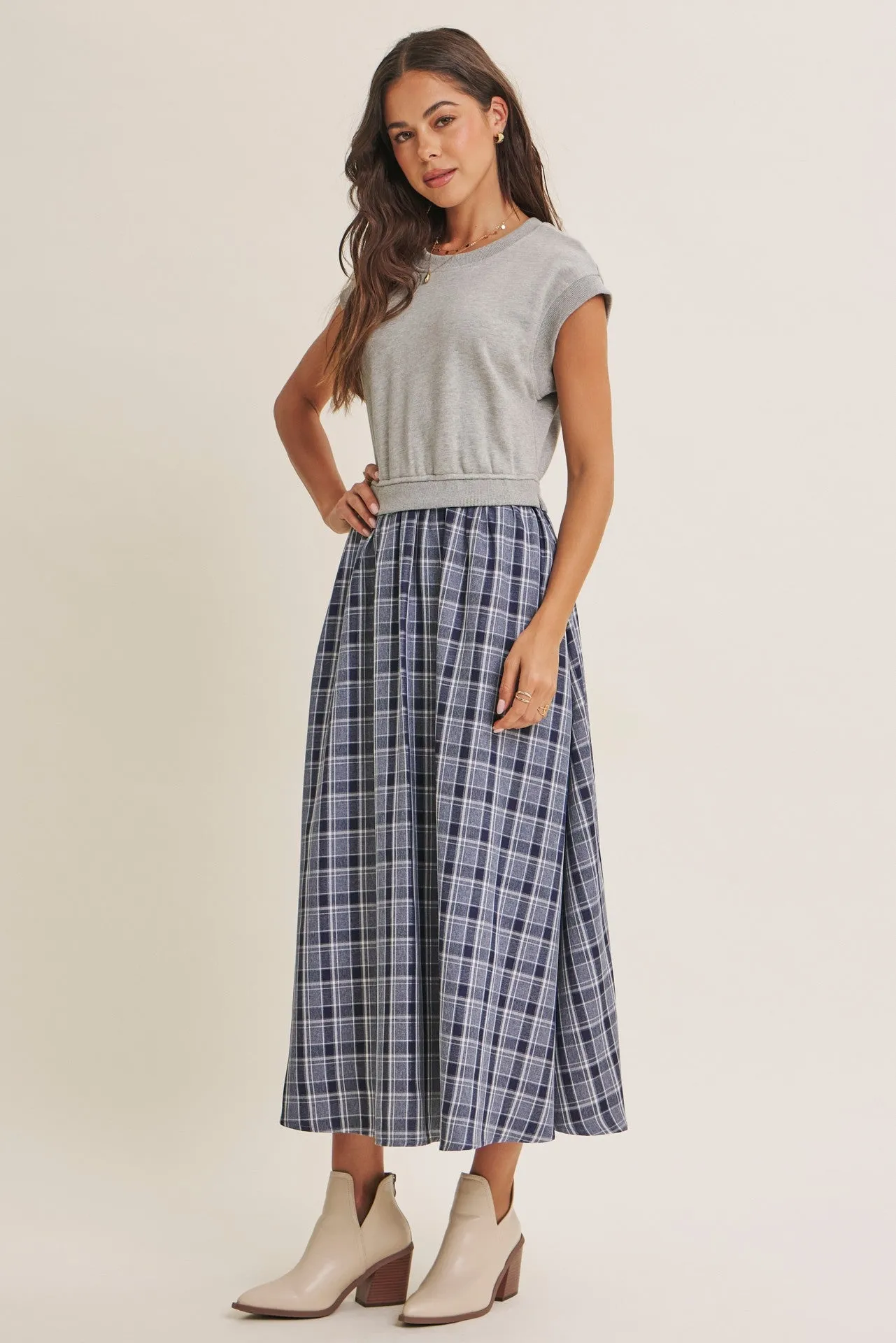 Heather Grey/ Navy Plaid Cap Sleeve Midi Dress sold by Pinkblush product image thumbnail 2