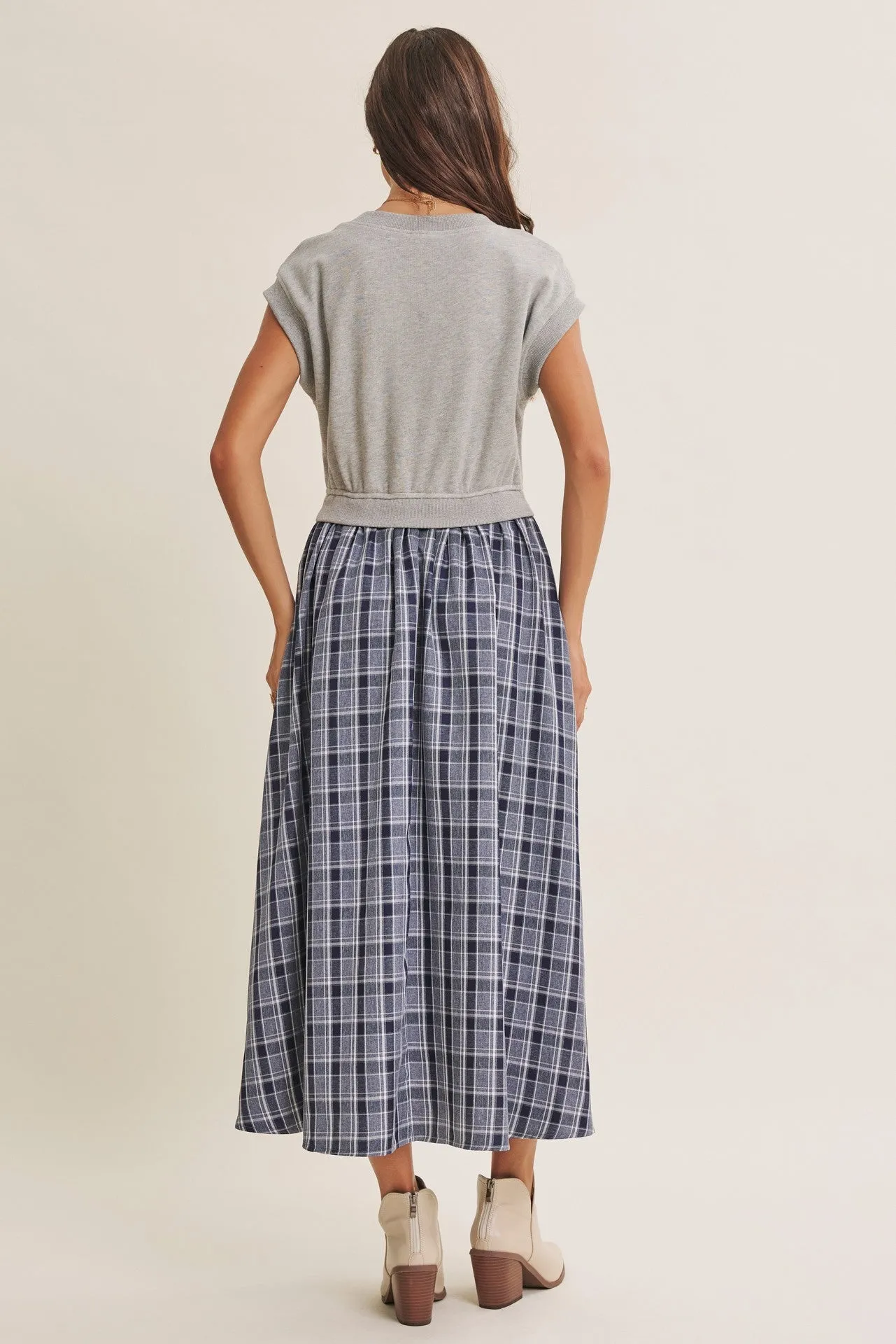Heather Grey/ Navy Plaid Cap Sleeve Midi Dress sold by Pinkblush product image thumbnail 3