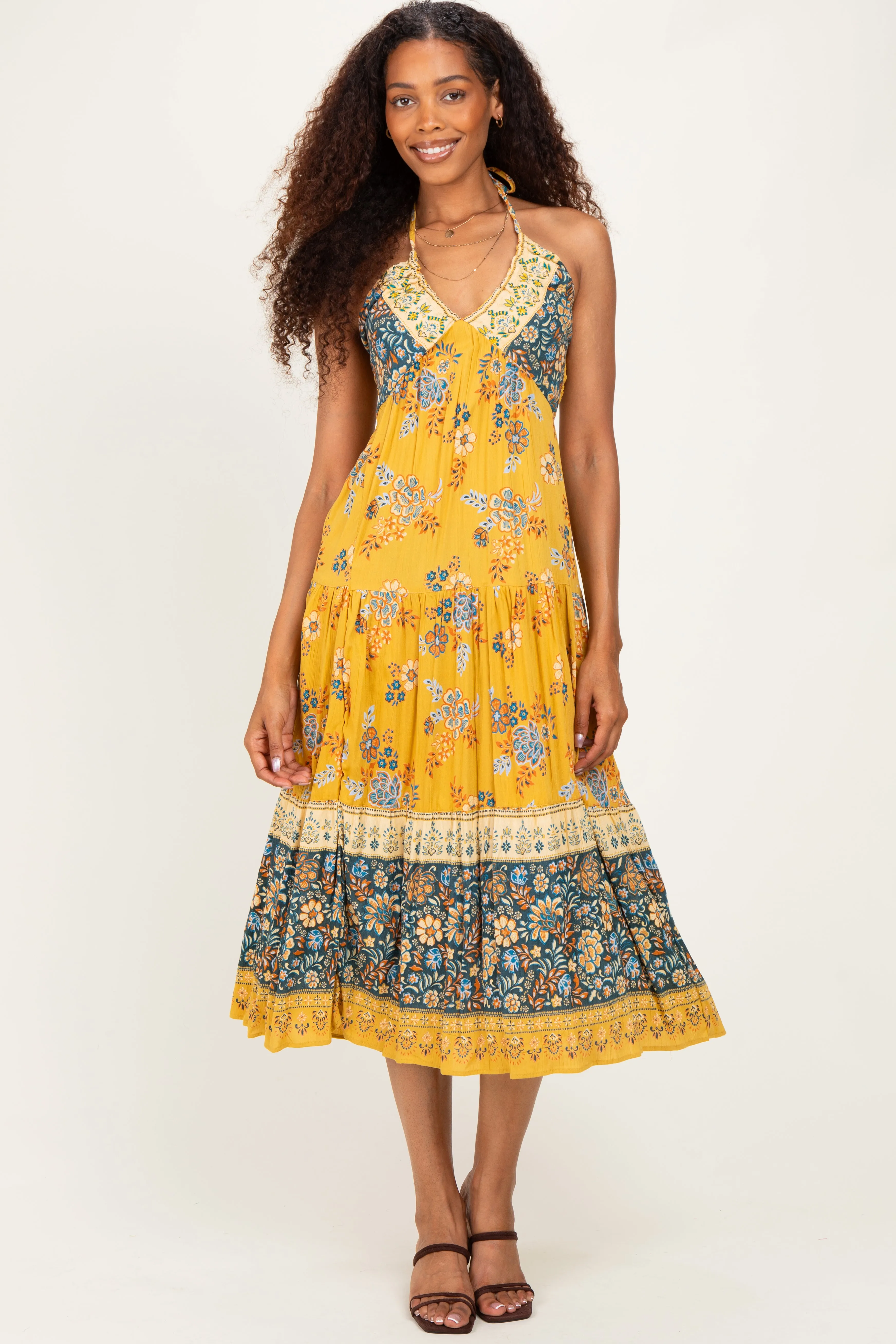 Yellow Mixed Print Halter Maxi Dress sold by Pinkblush