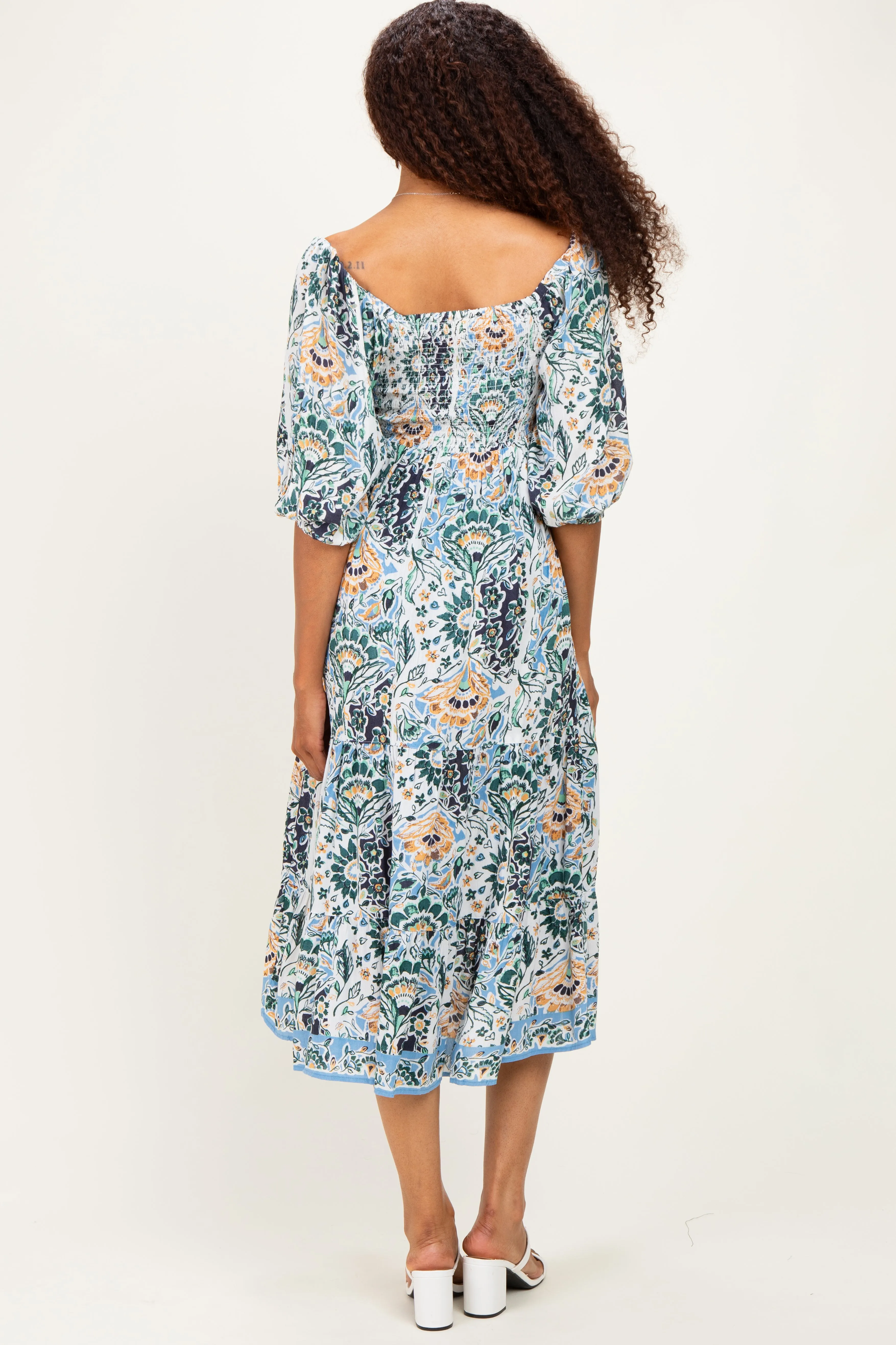 Blue Printed Smocked 3/4 Sleeve Midi Dress sold by Pinkblush product image thumbnail 3