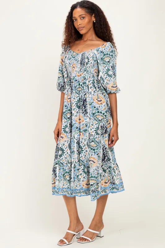 Blue Printed Smocked 3/4 Sleeve Midi Dress made by Angie