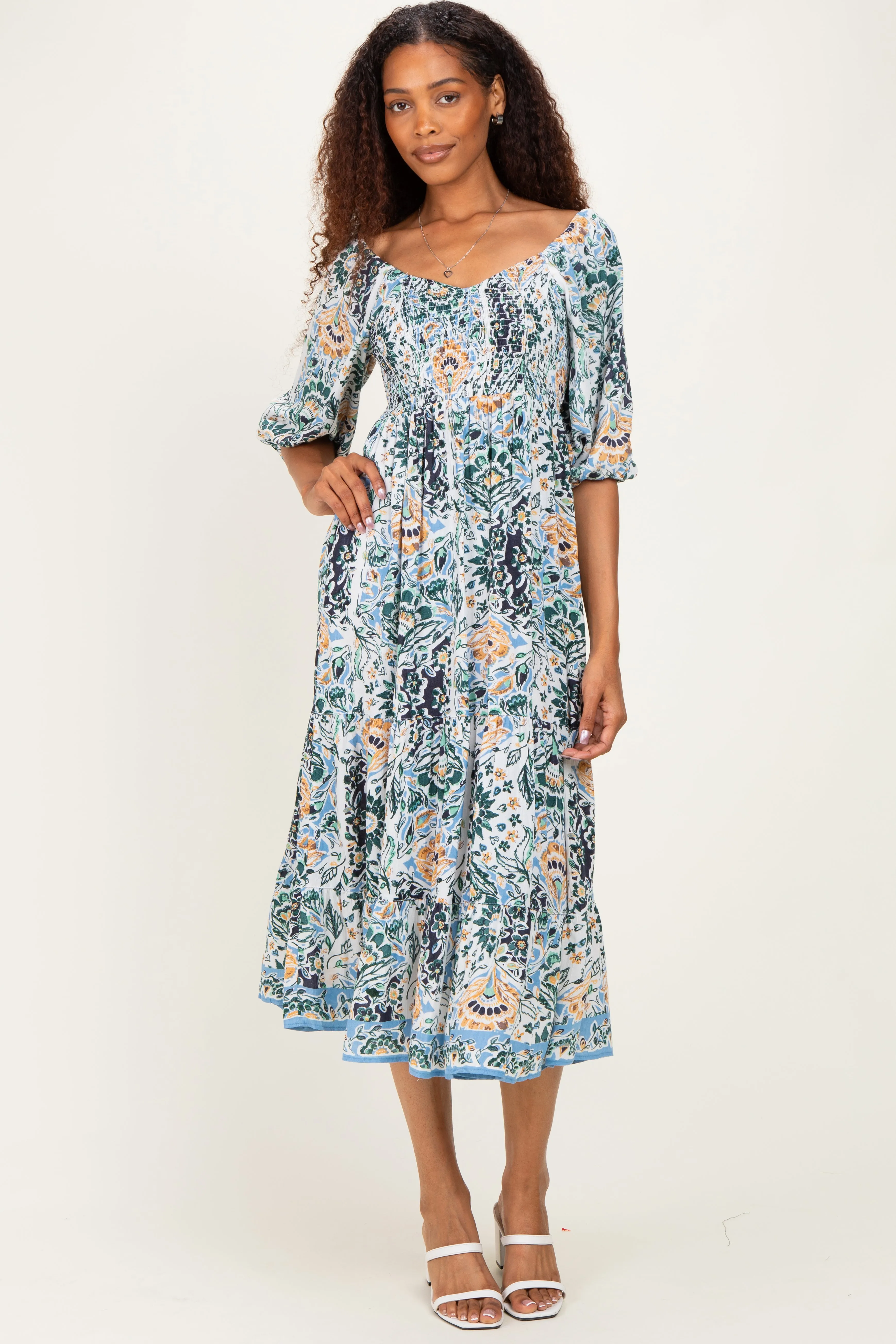 Blue Printed Smocked 3/4 Sleeve Midi Dress sold by Pinkblush product image thumbnail 2