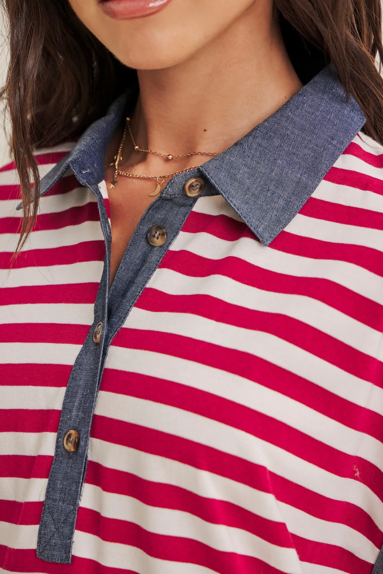 Burgundy/Cream Relaxed Fit Striped Polo Mini Dress sold by Pinkblush product image thumbnail 5