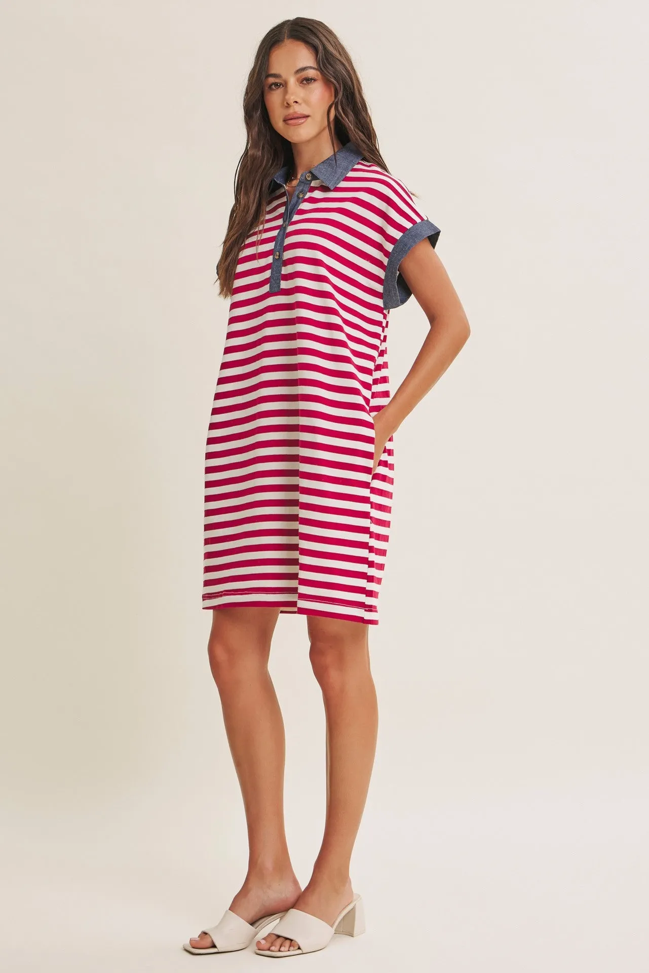 Burgundy/Cream Relaxed Fit Striped Polo Mini Dress sold by Pinkblush product image thumbnail 3