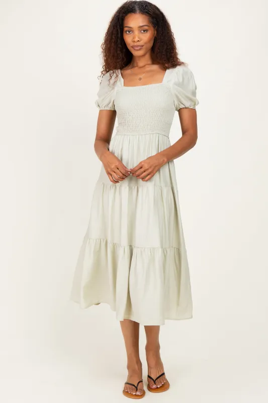 Sage Smocked Puff Sleeve Tiered Linen Midi Dress made by Pinkblush