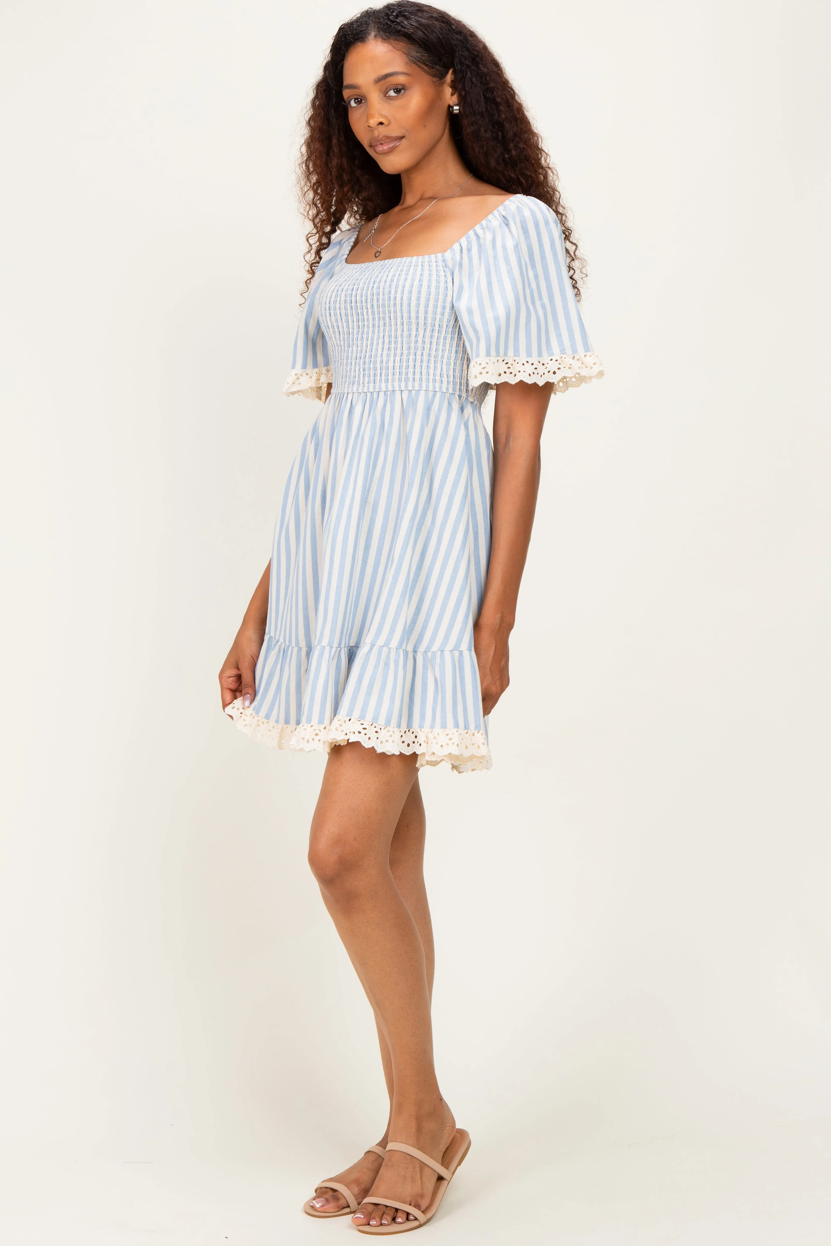 Light Blue Striped Smocked Lace Trim Dress sold by Pinkblush product image thumbnail 3