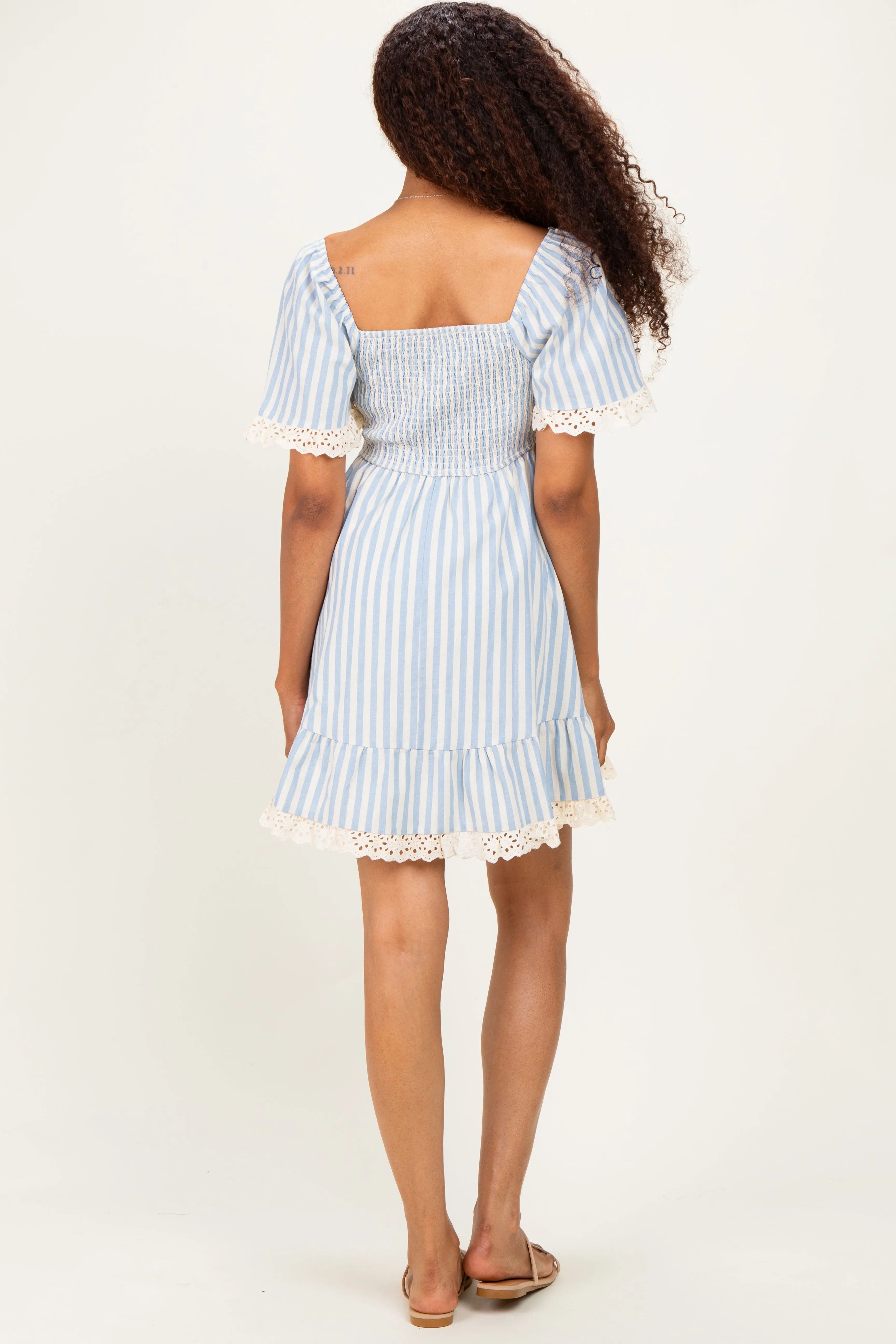 Light Blue Striped Smocked Lace Trim Dress sold by Pinkblush product image thumbnail 4