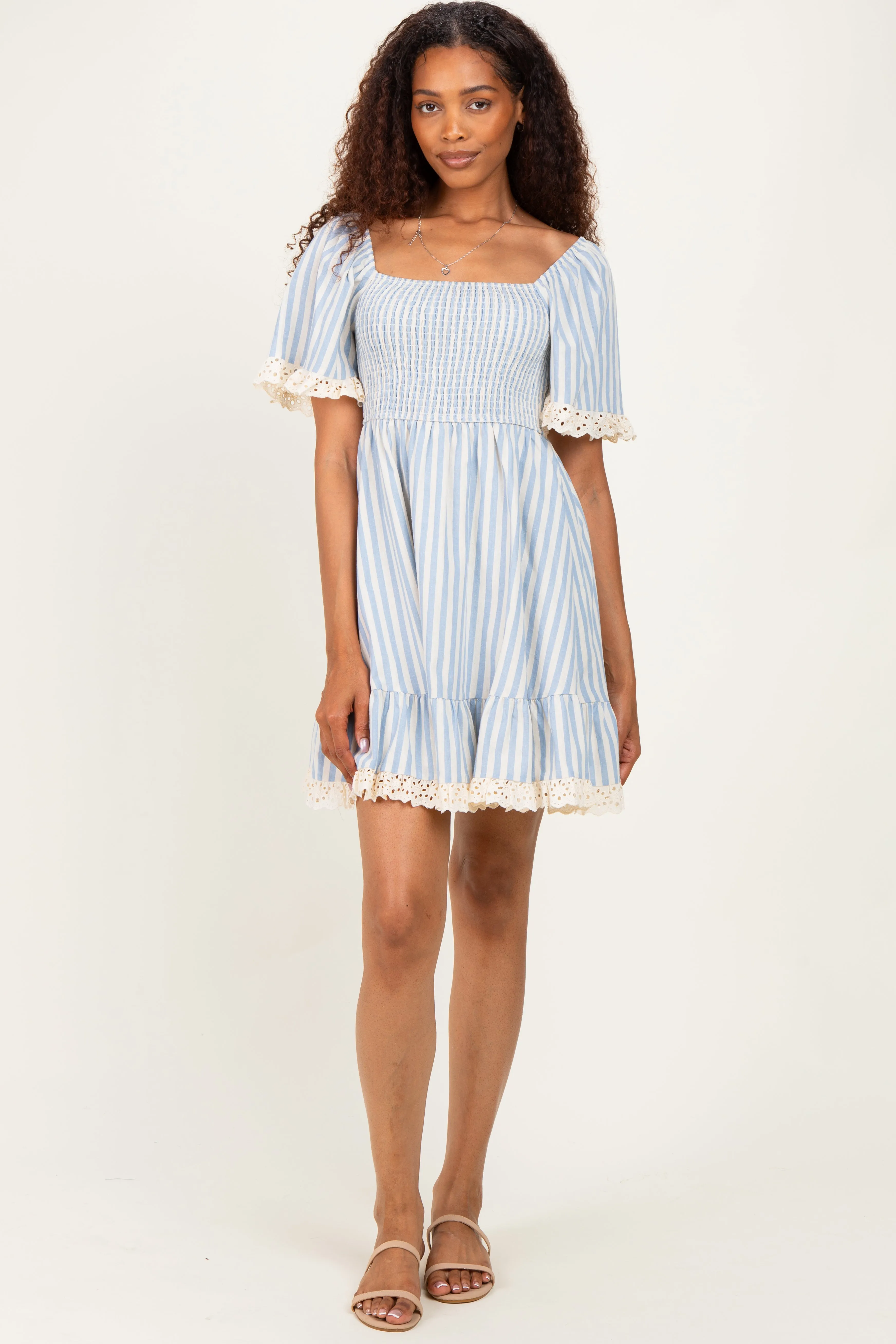 Light Blue Striped Smocked Lace Trim Dress sold by Pinkblush