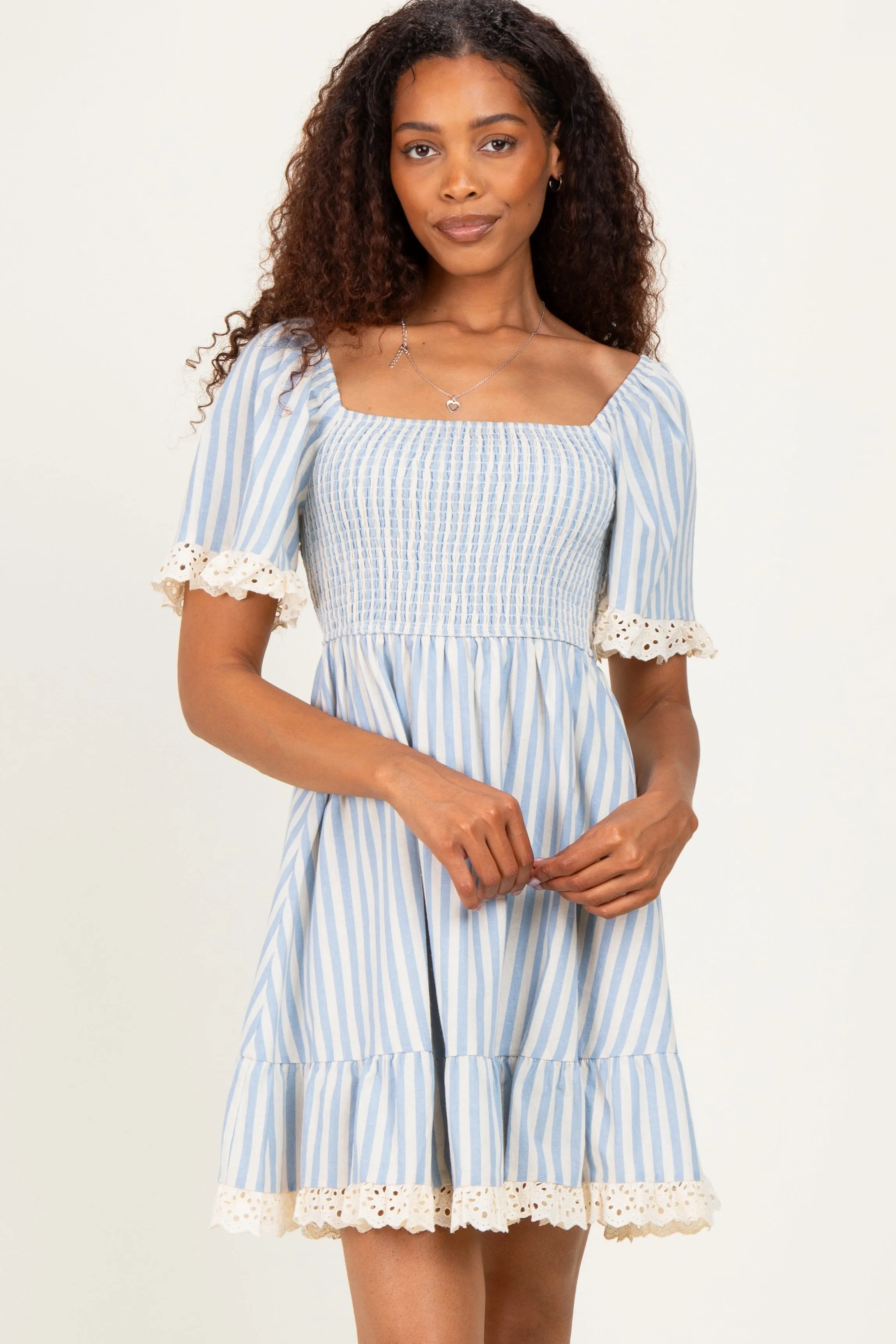 Light Blue Striped Smocked Lace Trim Dress sold by Pinkblush product image thumbnail 2