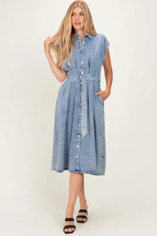 Denim Button Front Midi Dress made by Polagram
